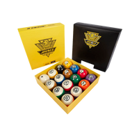 Set of billiard balls in a yellow box with a black lid