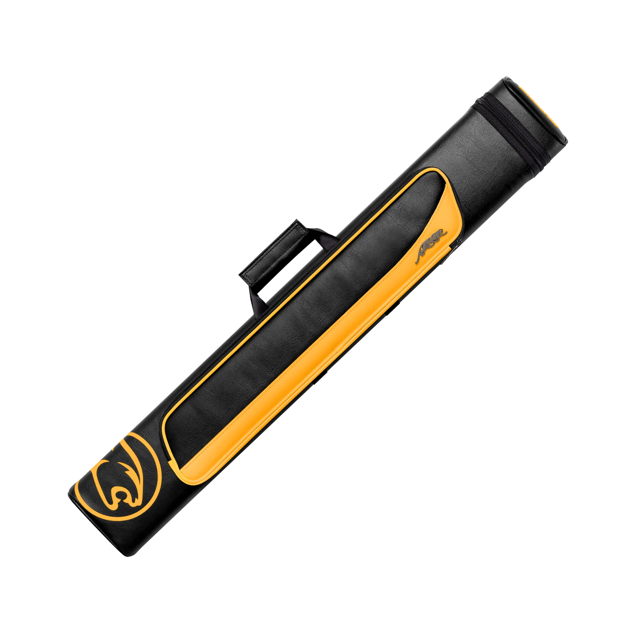 Black and yellow pool cue case with a cat head logo