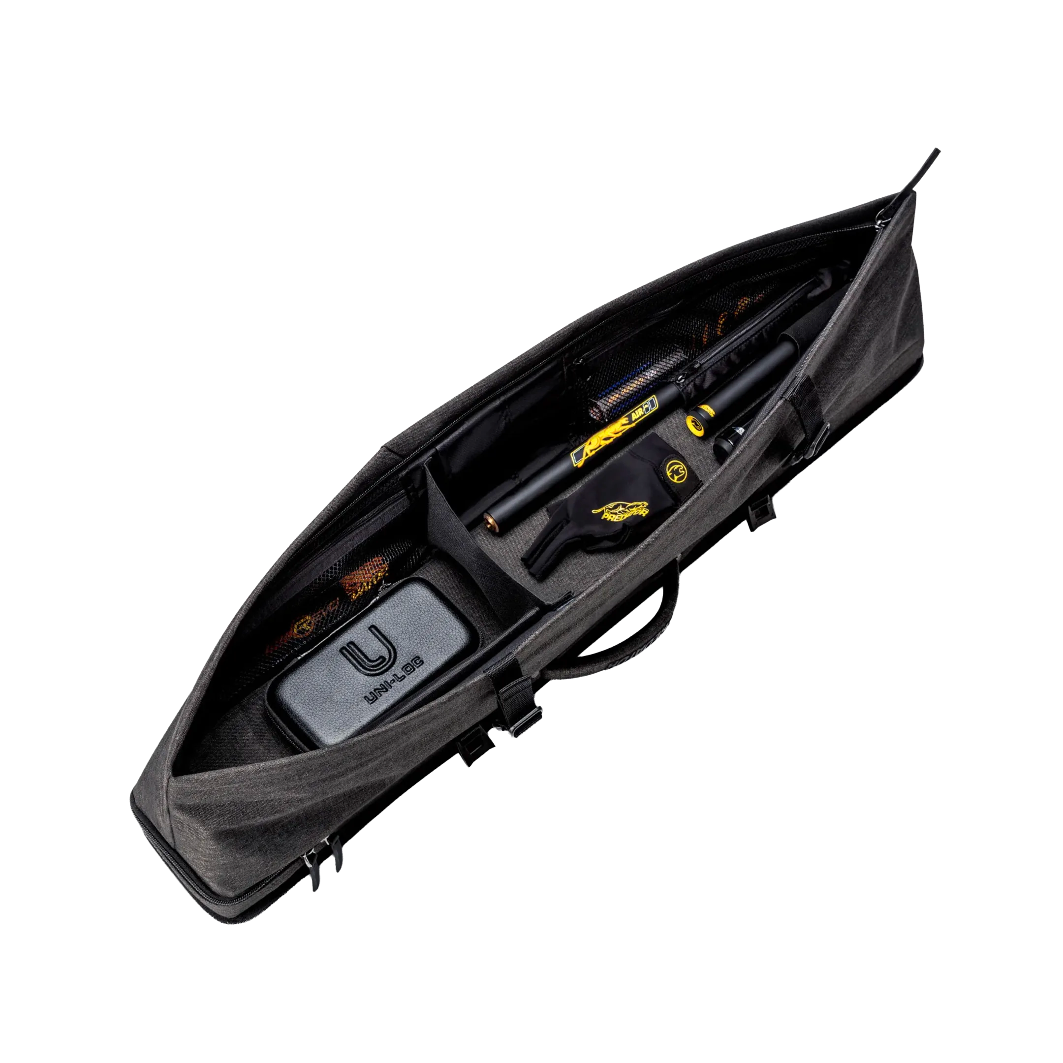 Unzipped grey pool cue case containing various billiards accessories