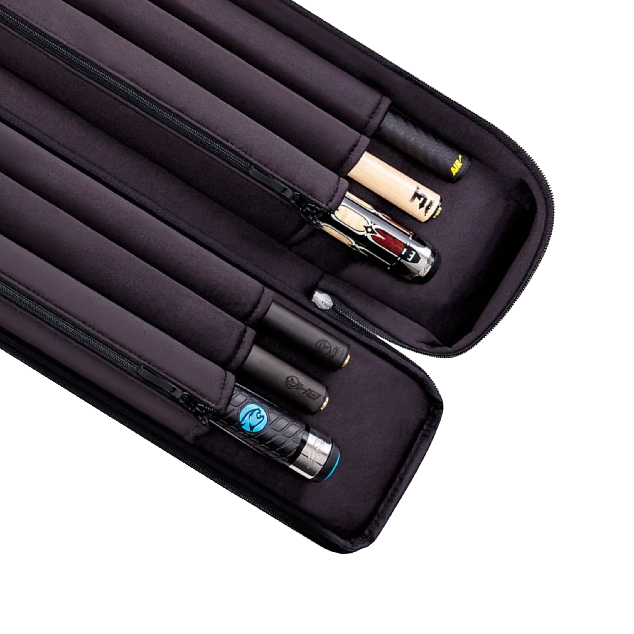 Unzipped black pool cue case containing pool cue butts and shafts