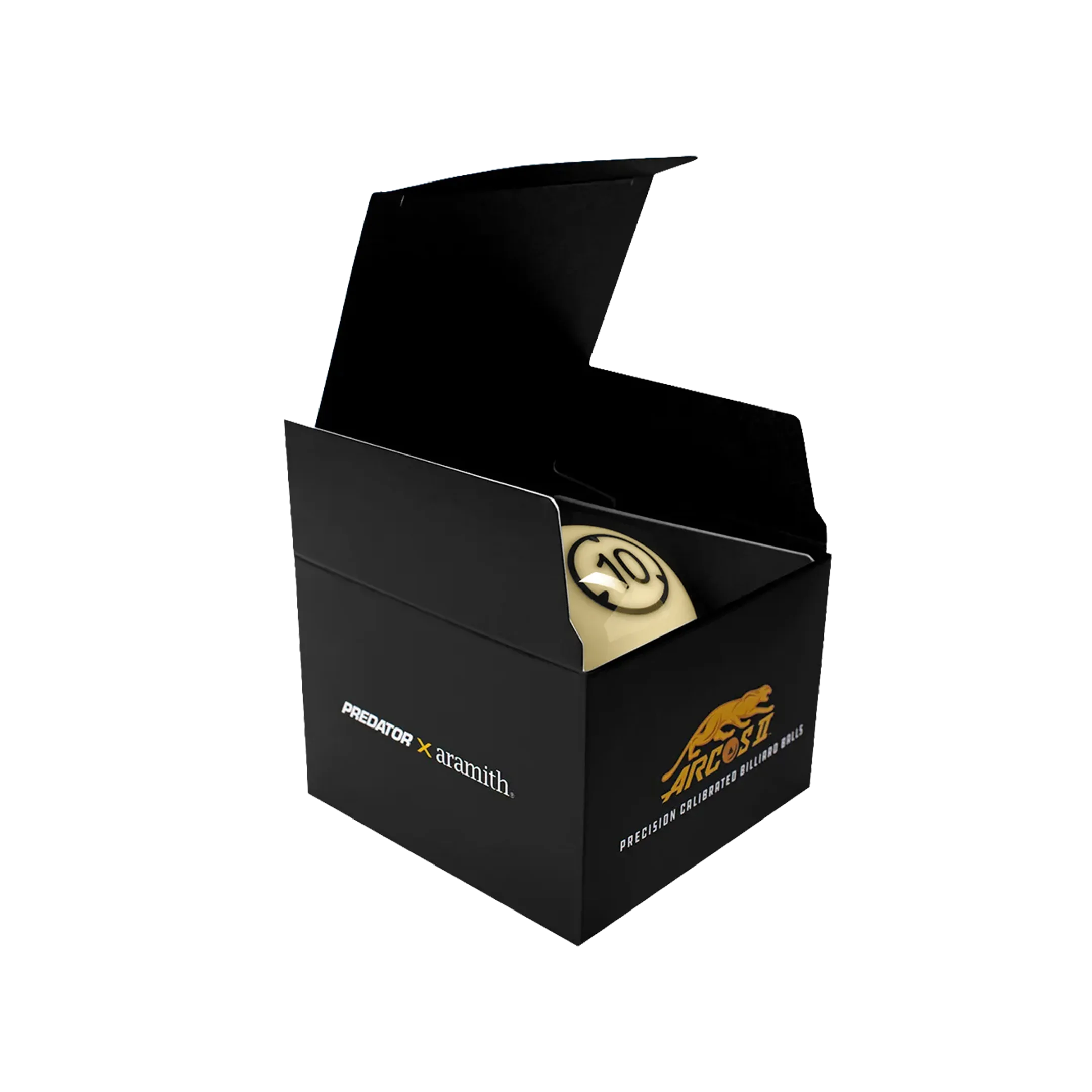 Black box with a billiard 10 ball inside, featuring 'Predator x Aramith' branding.
