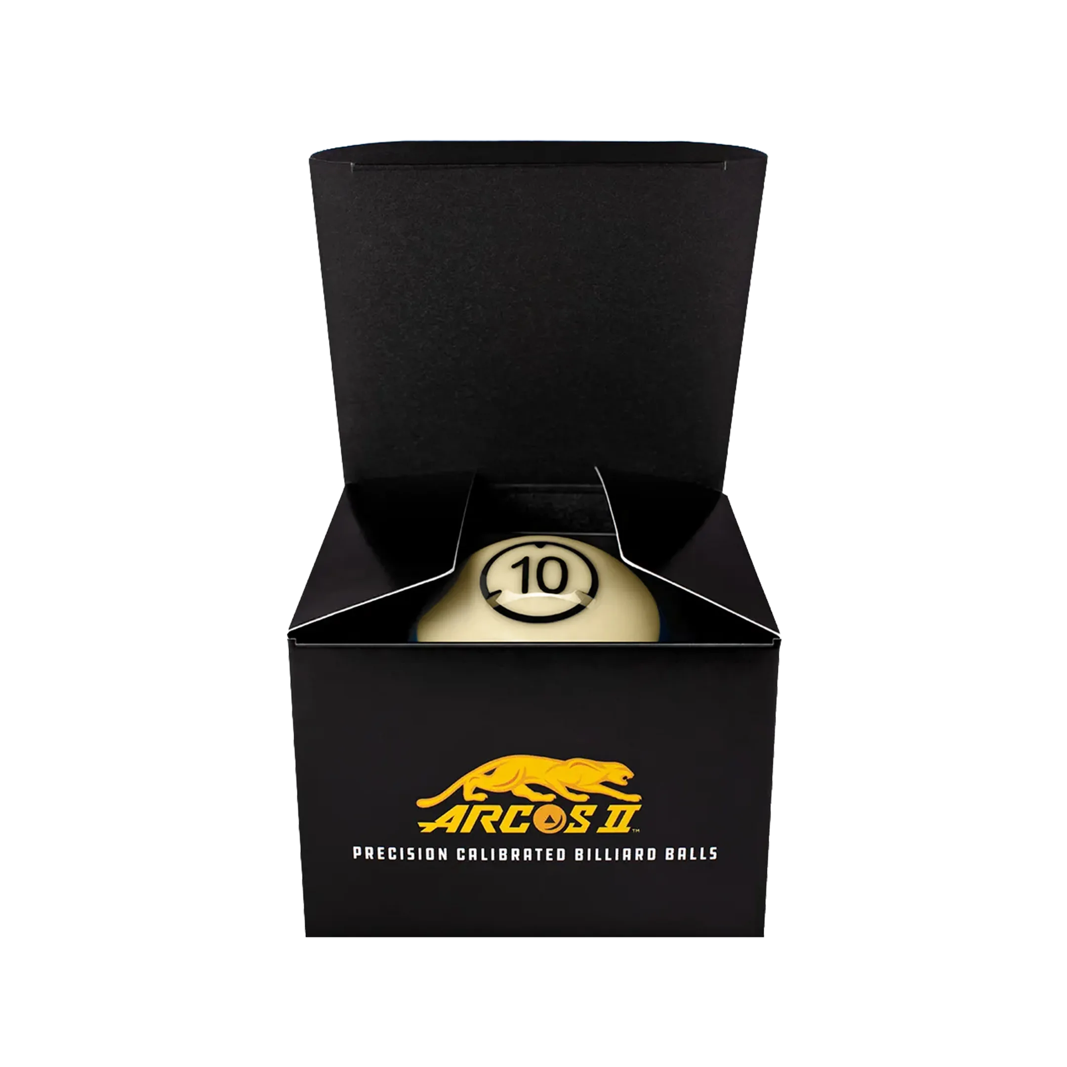 Billiard ball with number 10 in a black box featuring Arcos II branding.