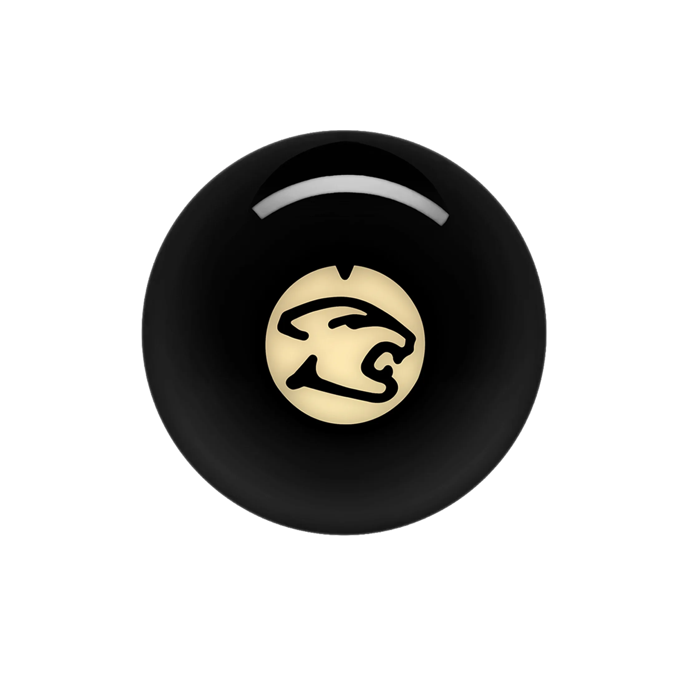 Black billiard ball with white and black cat head logo