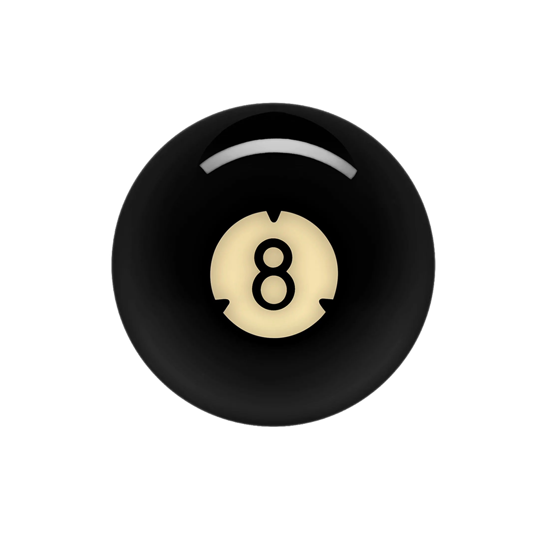 Black billiard 8 ball with white background.