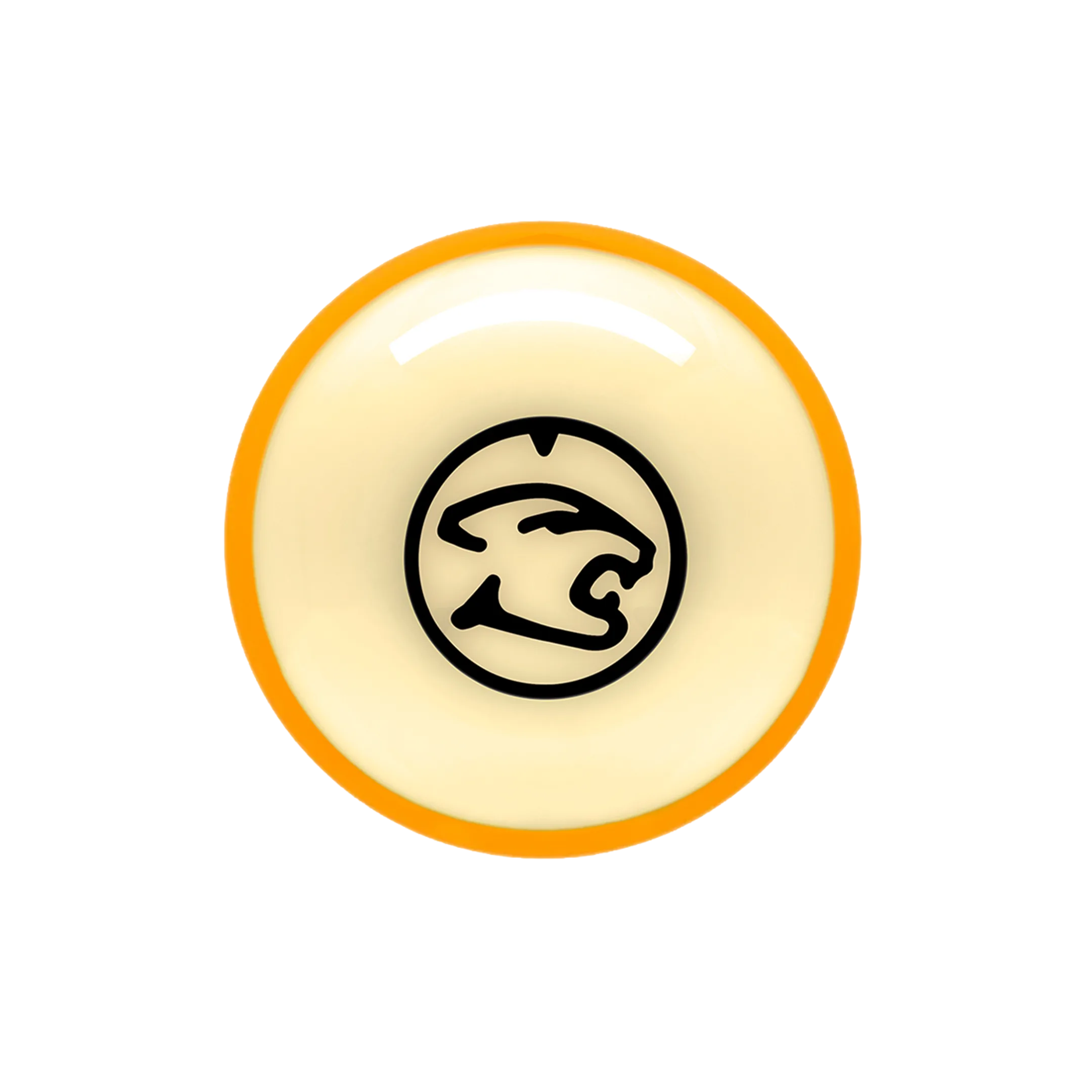 Yellow and white billiard ball with a black cat head logo