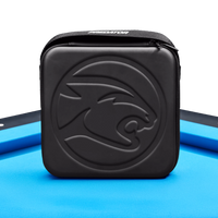 Black carrying case on a blue pool table