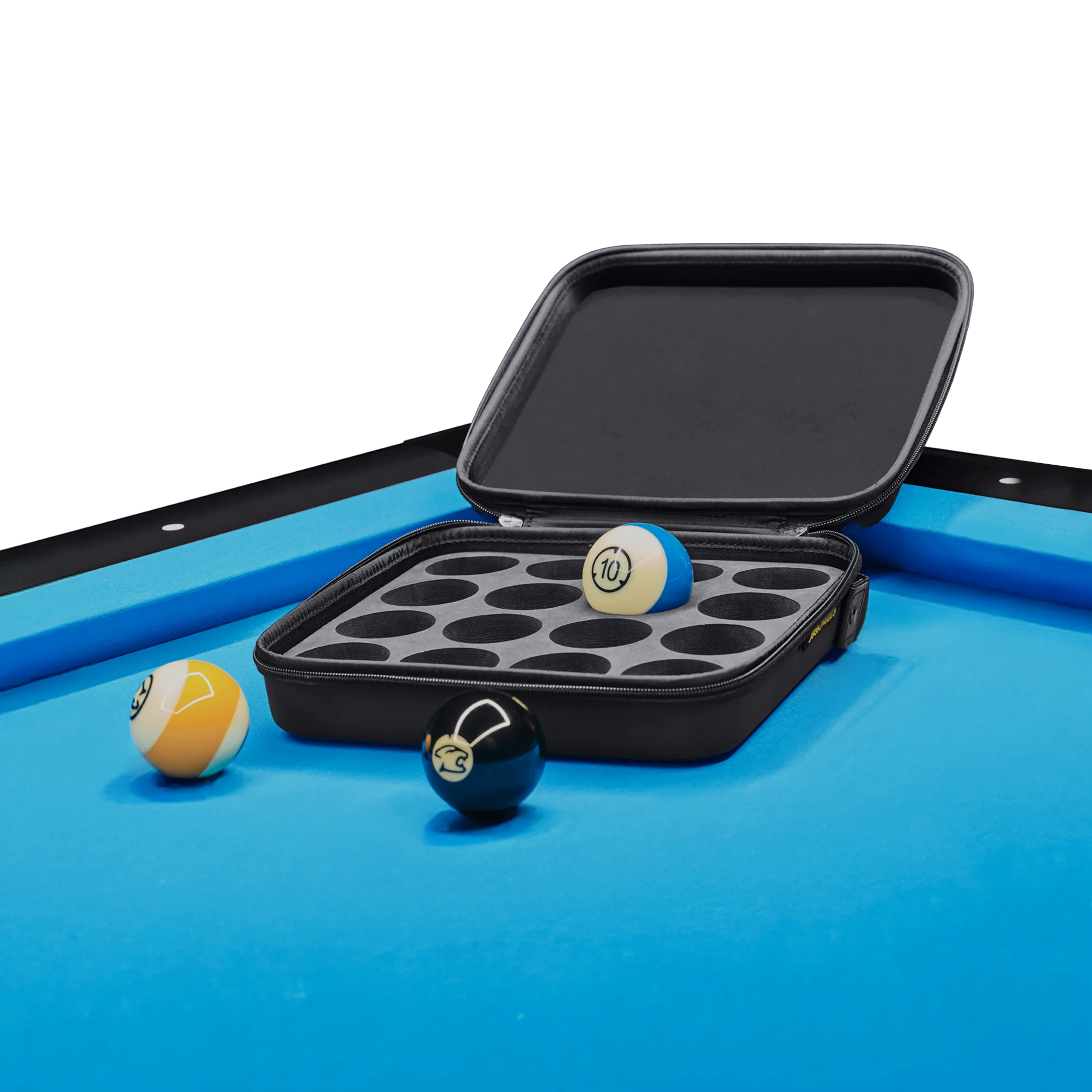 Black pool ball case with pool balls on a blue pool table.