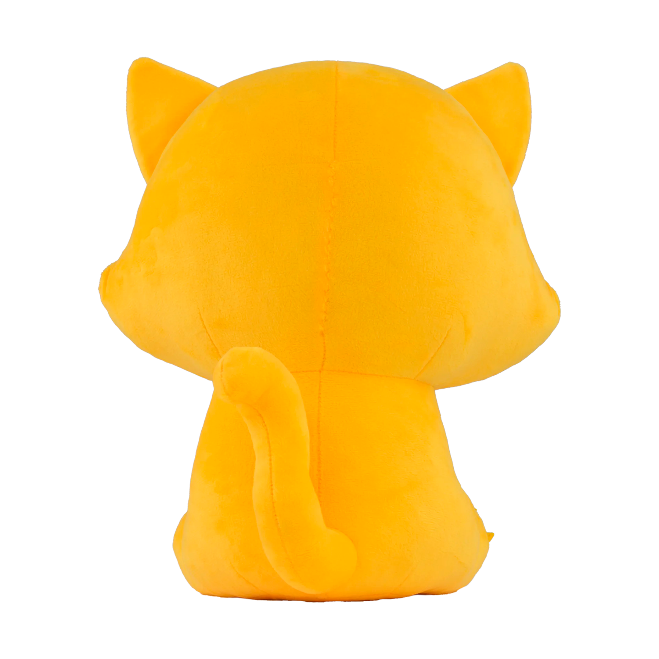 Yellow plush toy with cat ears and tail on a white background.