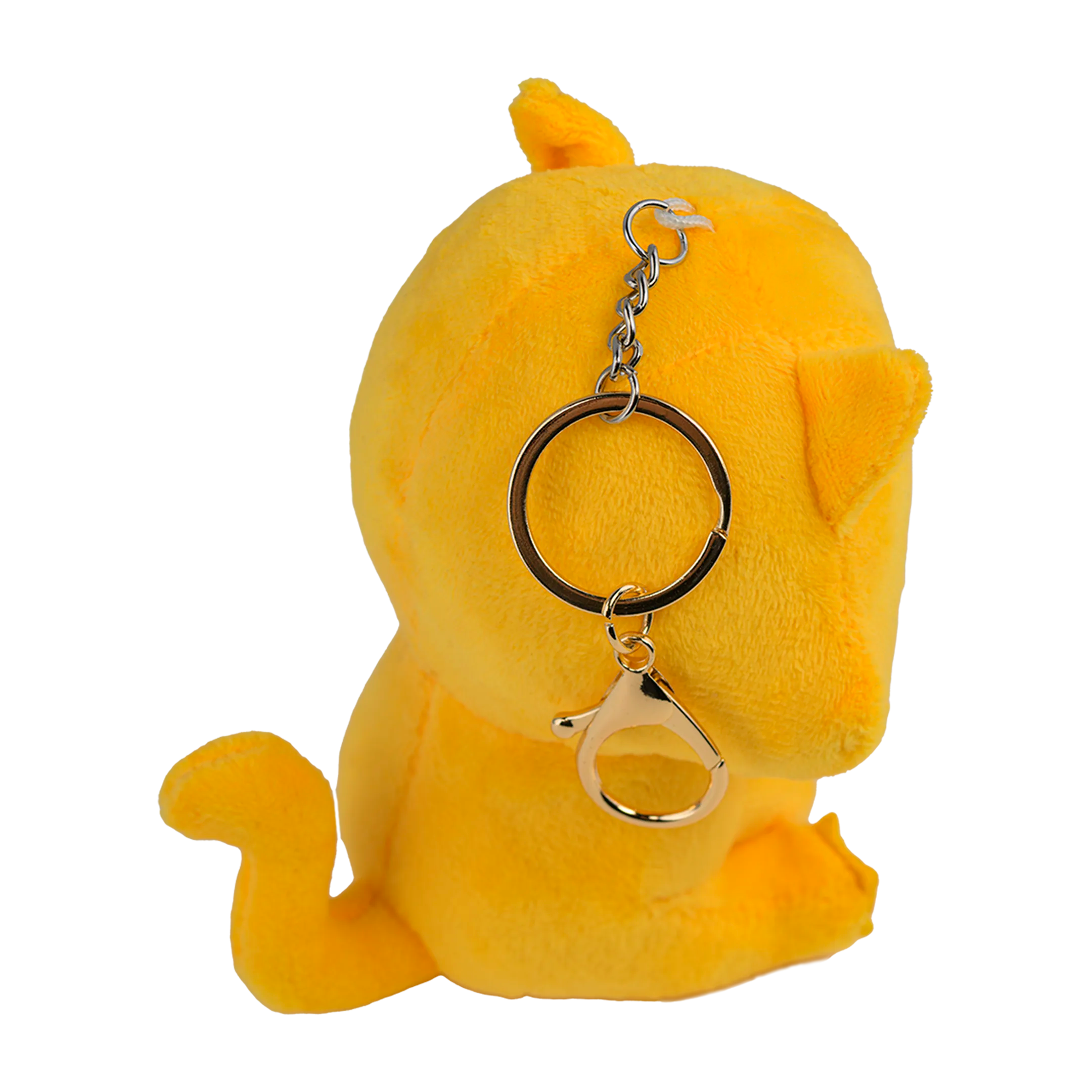 Yellow plush keychain with a metal keyring on a white background.