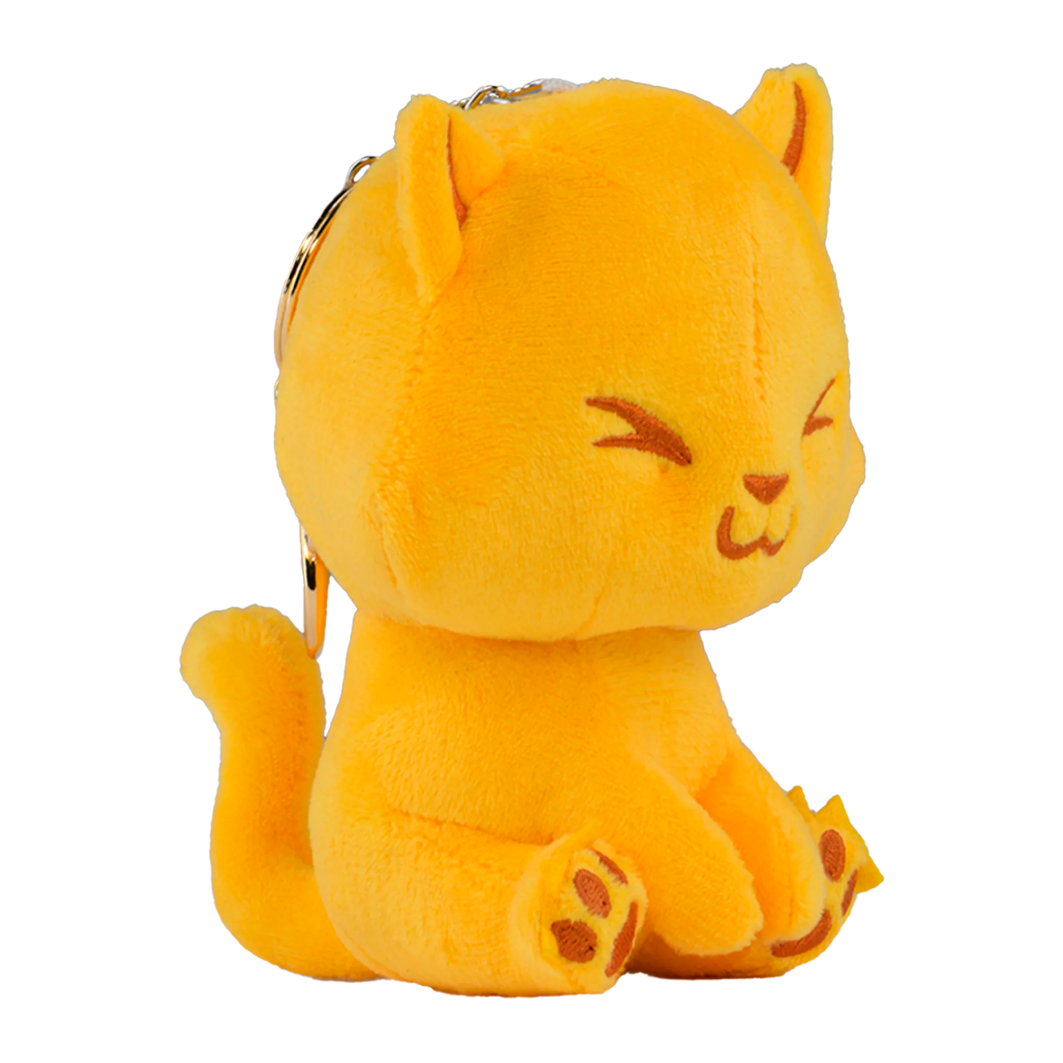 Plush keychain of a yellow cat with a white background.