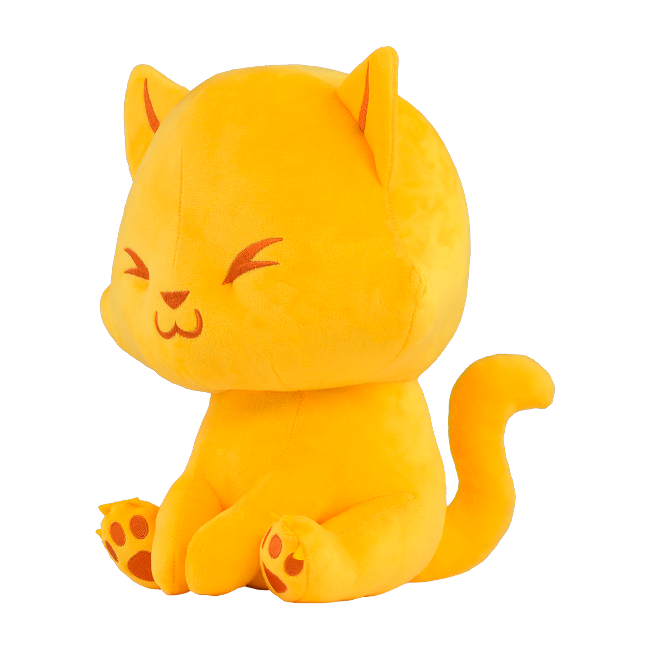 Yellow plush cat toy with a content expression on a white background.