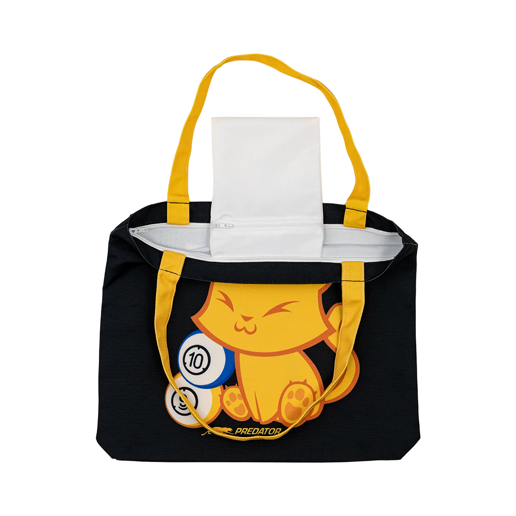 Black tote bag with a cartoon cat design and pool balls, featuring the Predator logo.