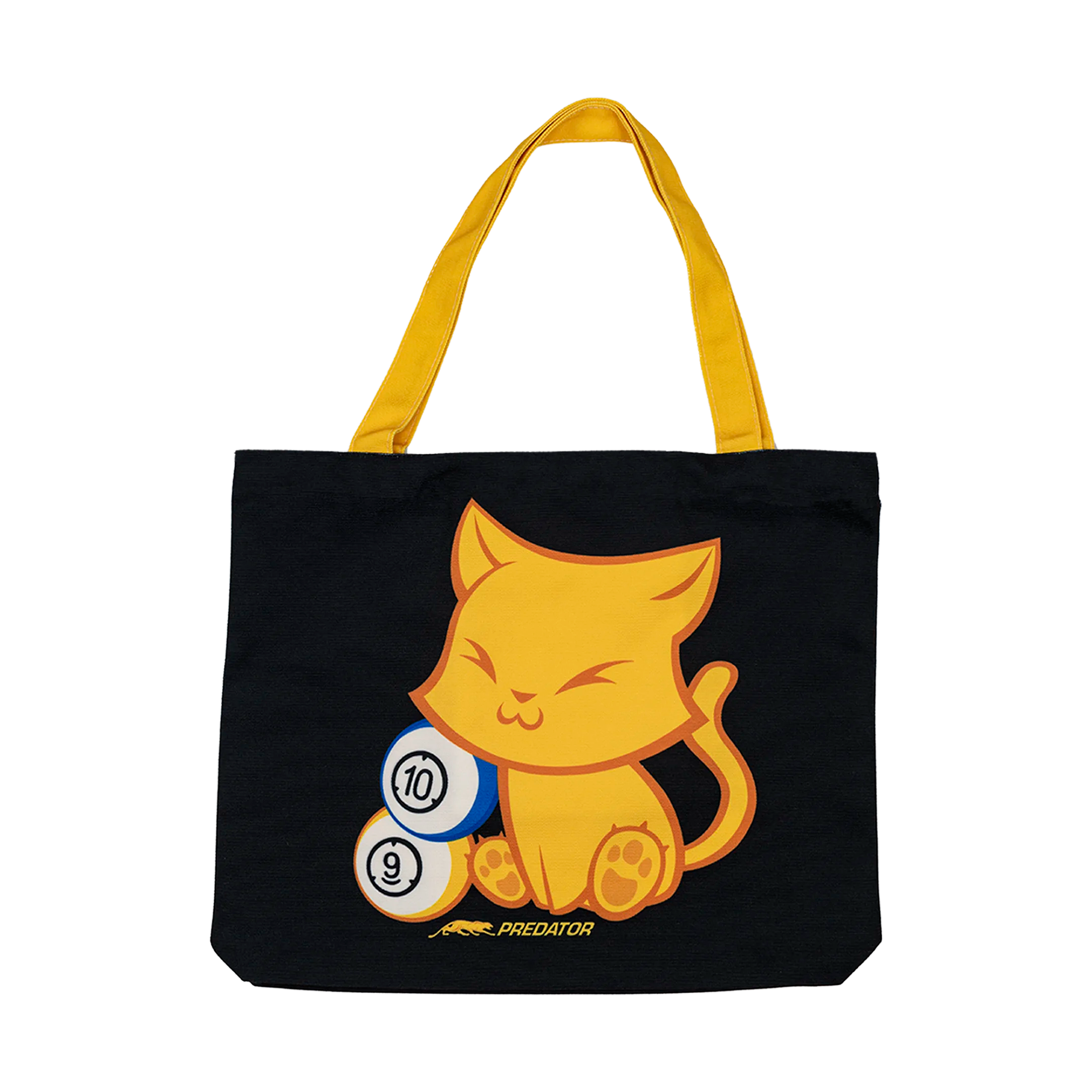 Black tote bag with a yellow cat design and billiard balls on a white background.