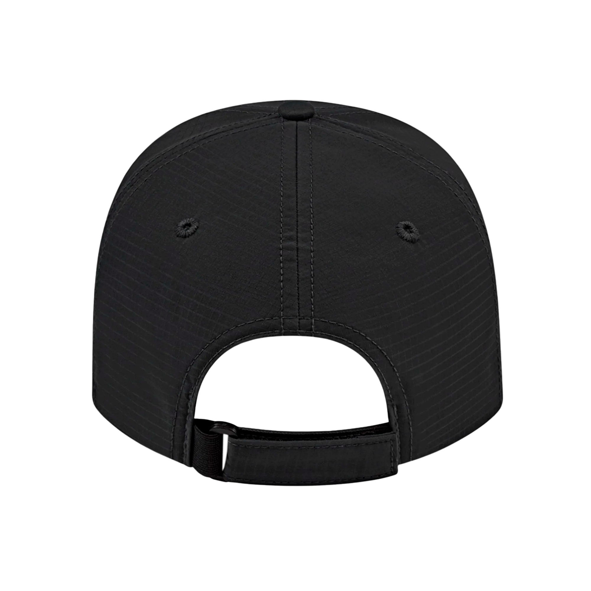 Back view of black ball cap against a white background.