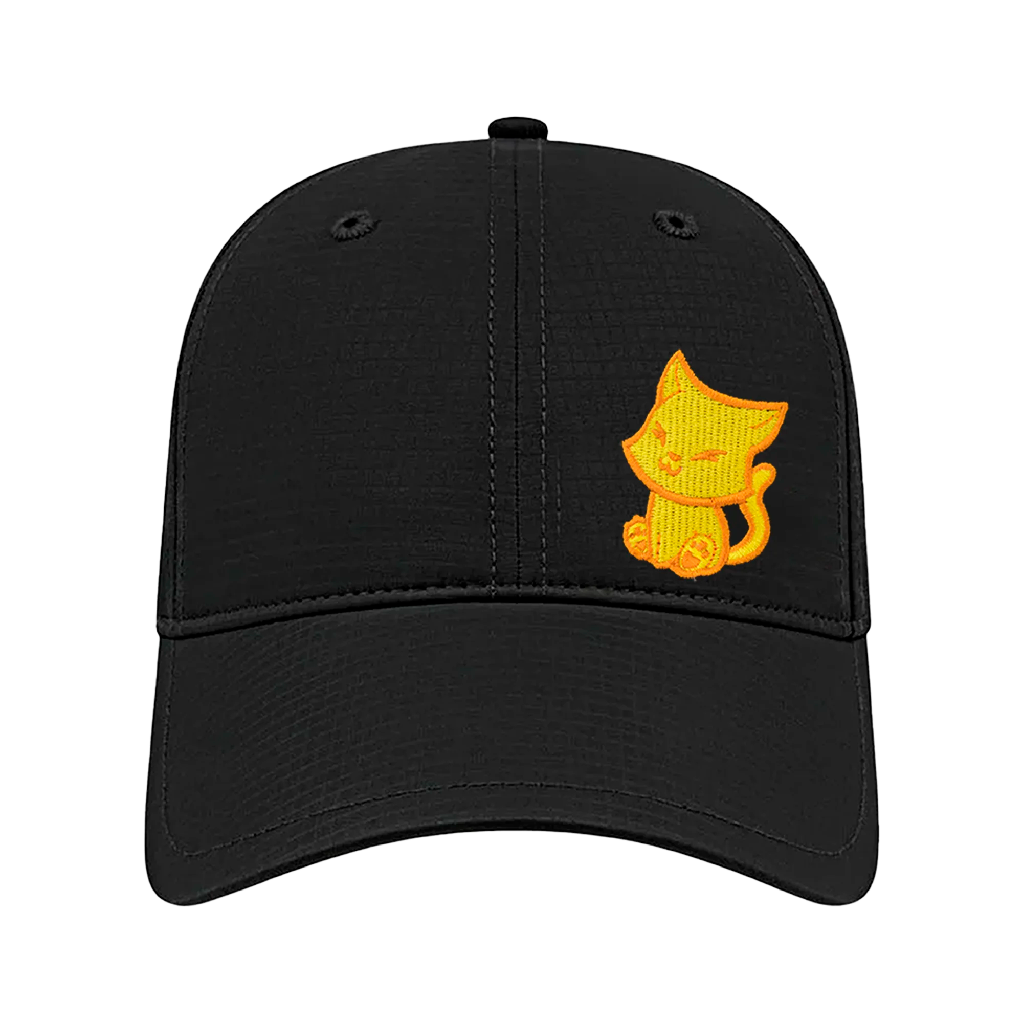 Black ball cap with gold embroidered cap against a white background.