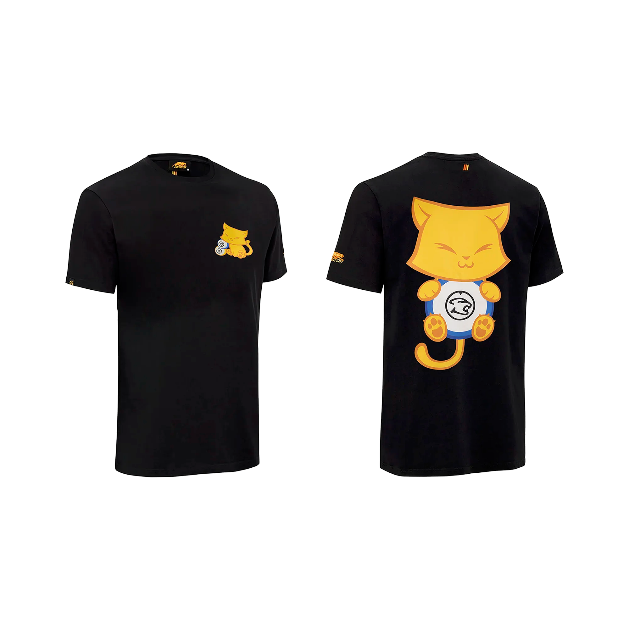 Black t-shirt with a yellow junior cat design