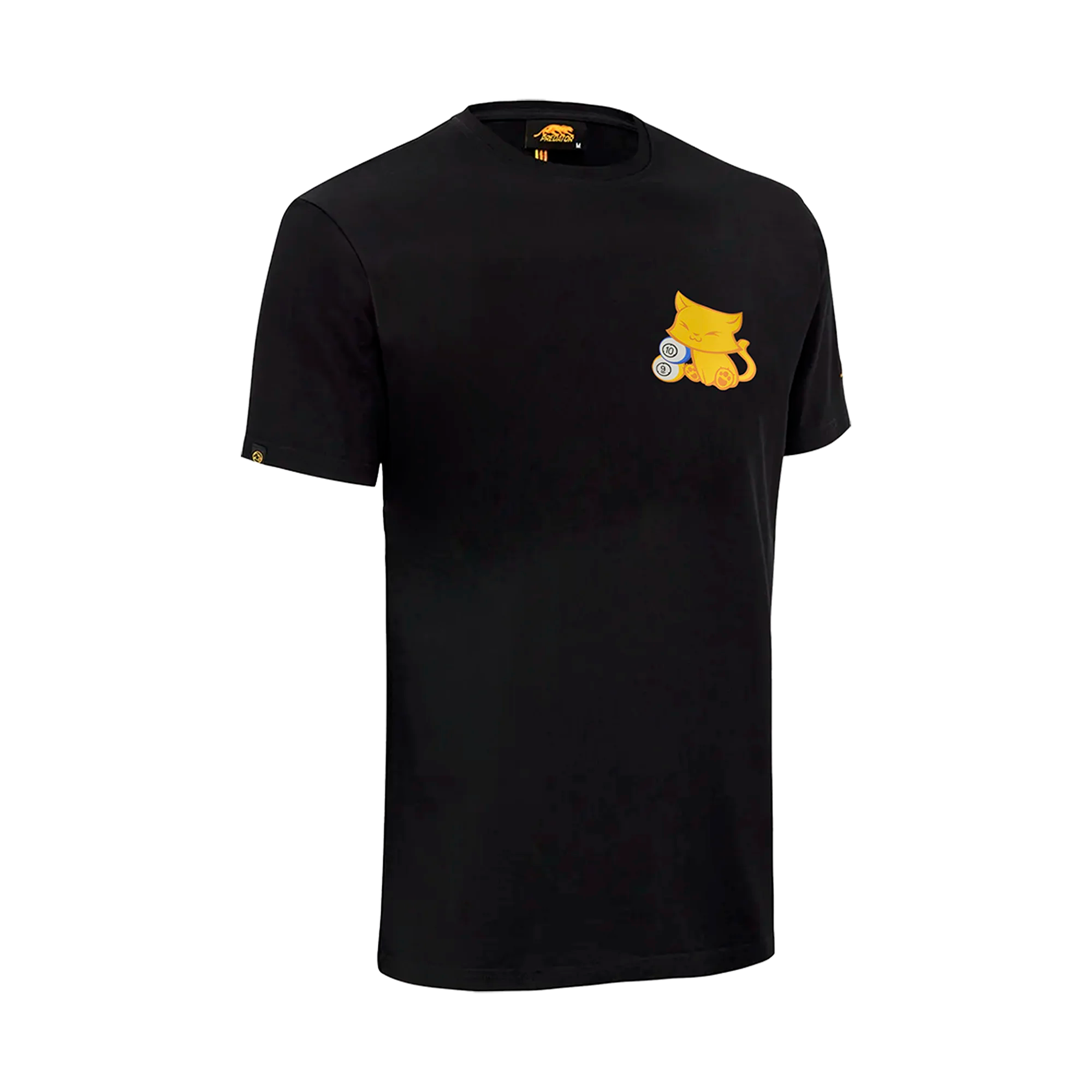 Black t-shirt with a yellow Junior cat graphic on the chest