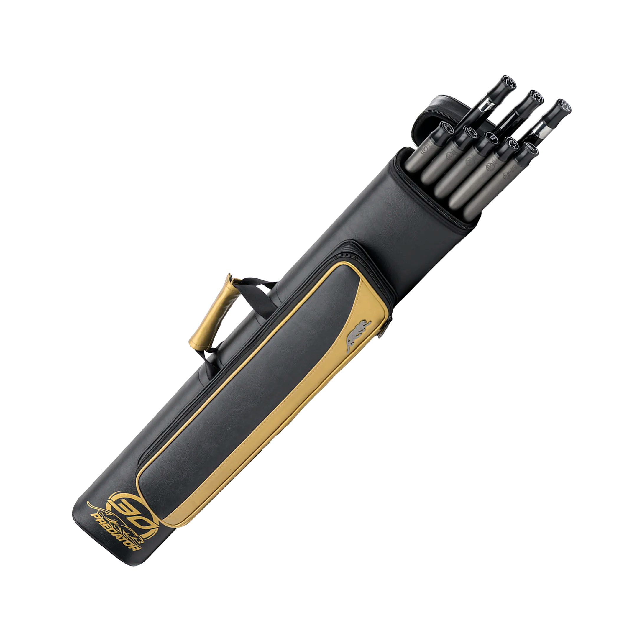 Black and gold pool cue case with several pool cues inside with PREDATOR branding