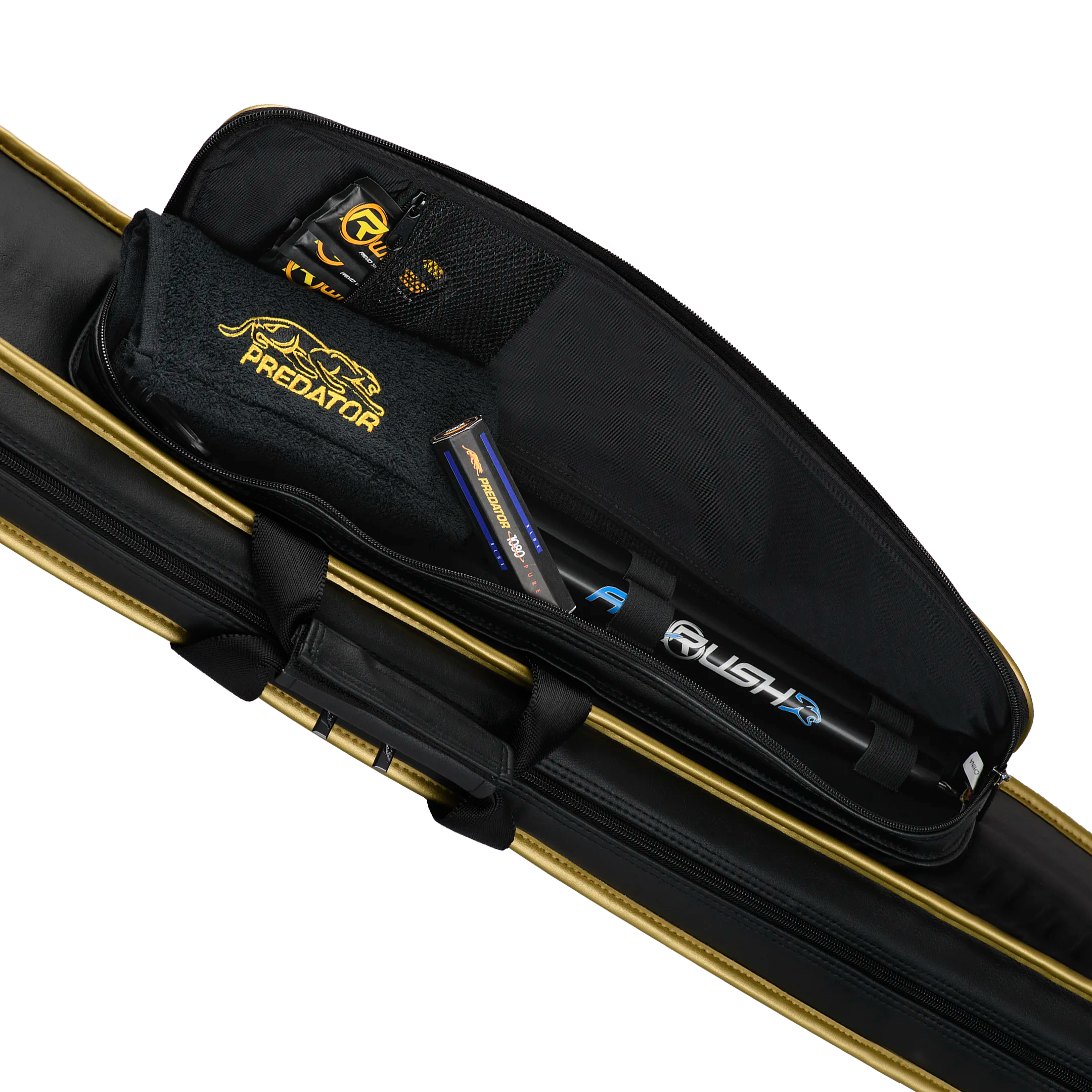 Black and gold pool cue case with unzipped pocket containing RWipes and Predator branded accessories