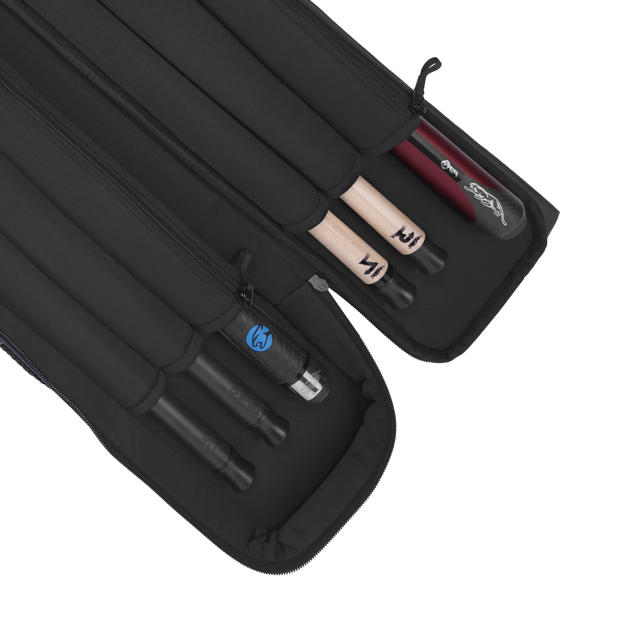 Black pool cue case containing several pool cue butts and shafts
