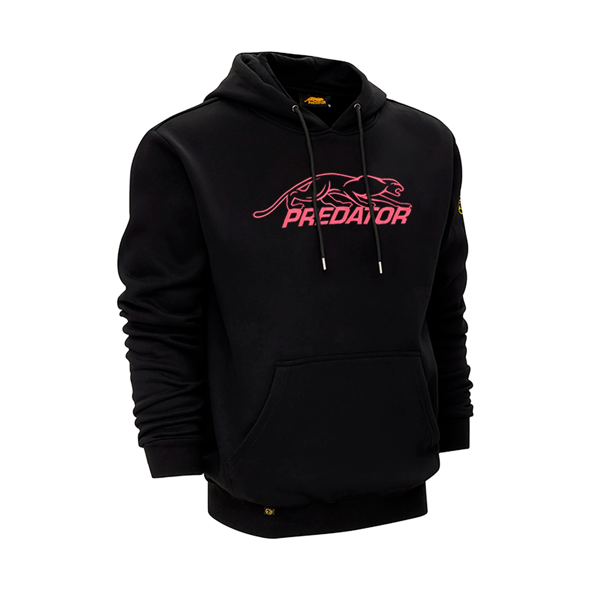 Black hoodie with pink Predator logo against a white background.