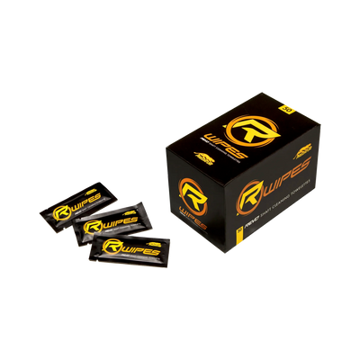 Box of REVO Wipes with individual packets on a white background.