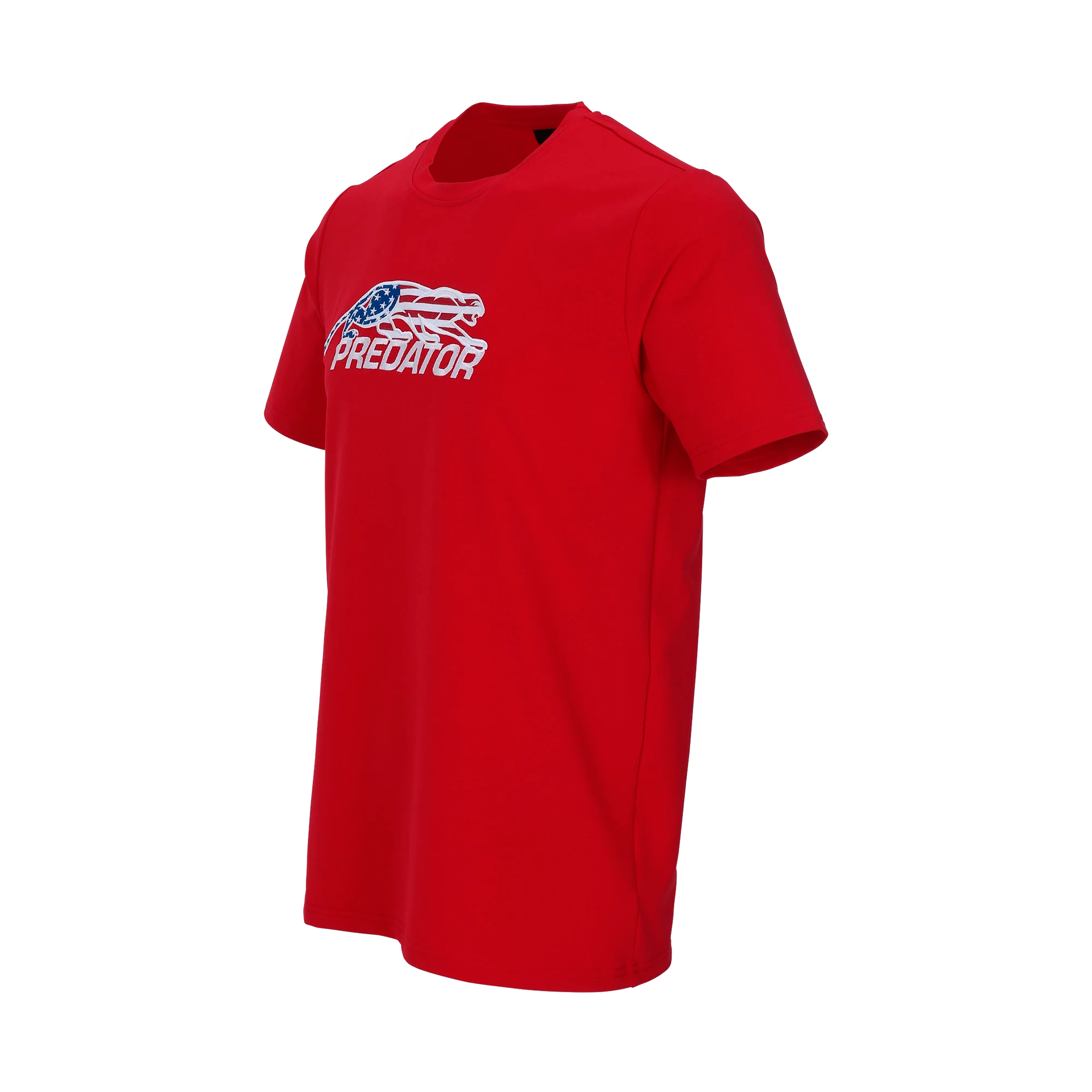 Red t-shirt with United States flag Predator logo against a white background.