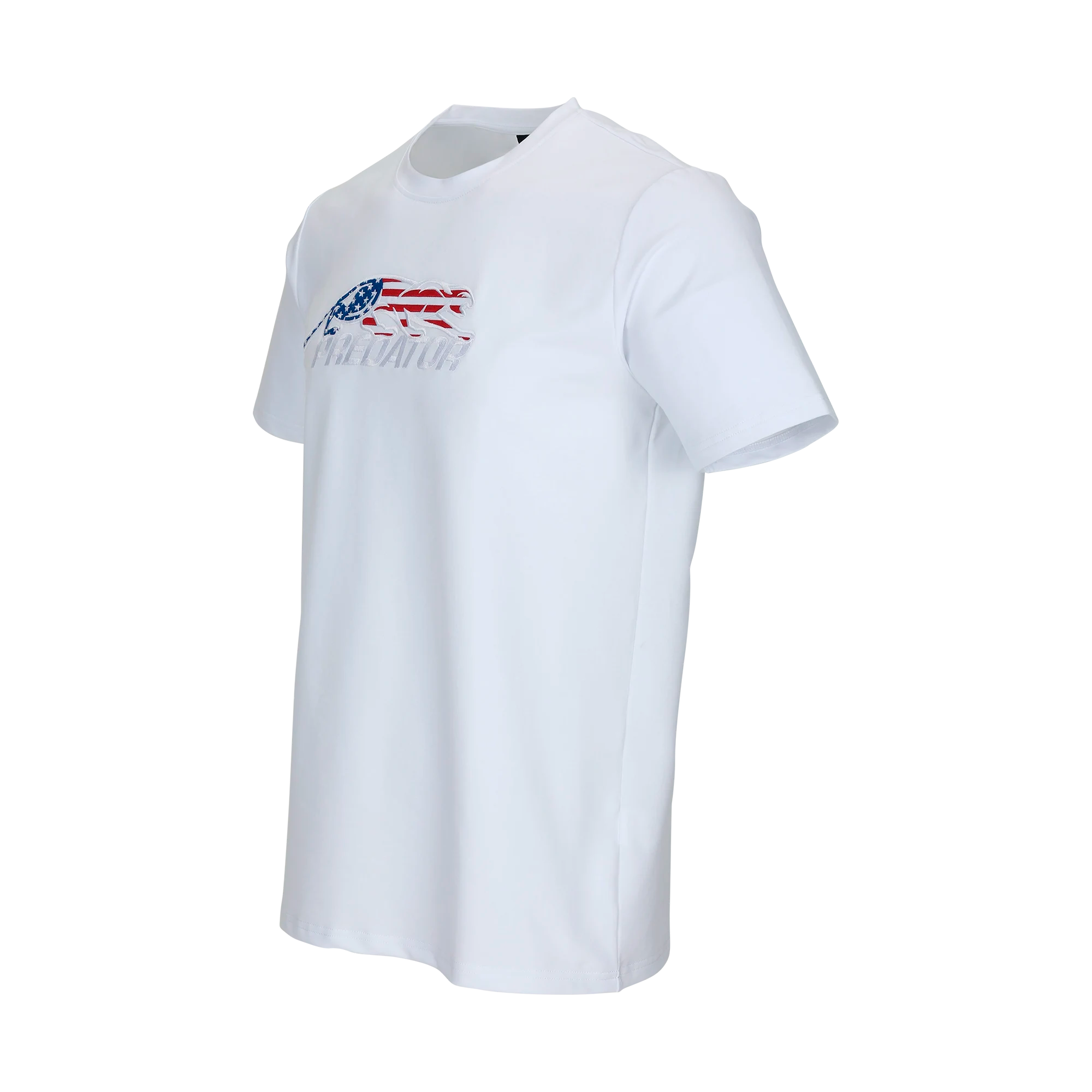 White t-shirt with United States flag Predator logo against a white background.