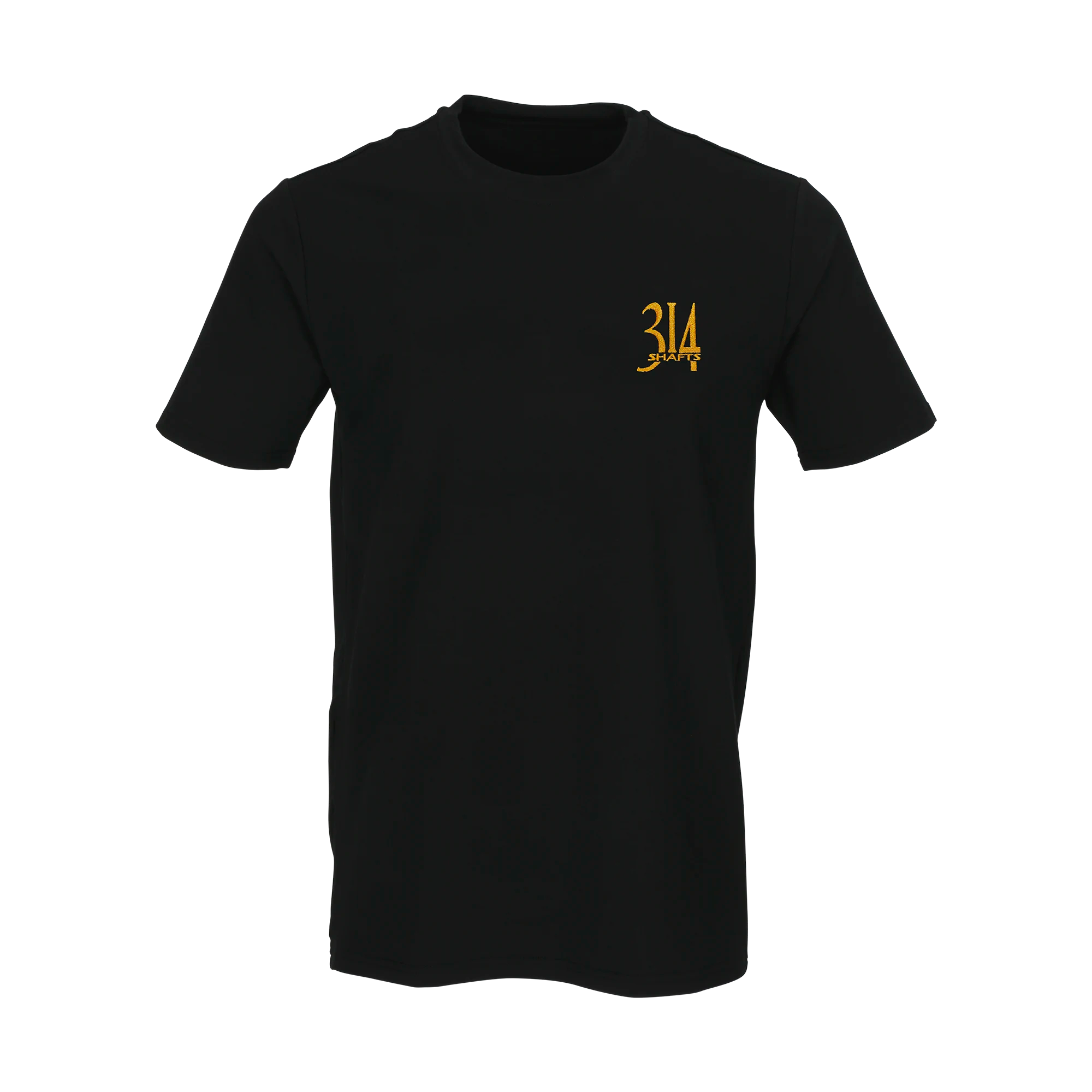 Black t-shirt with gold embroidered 314 Shafts logo against a white background.