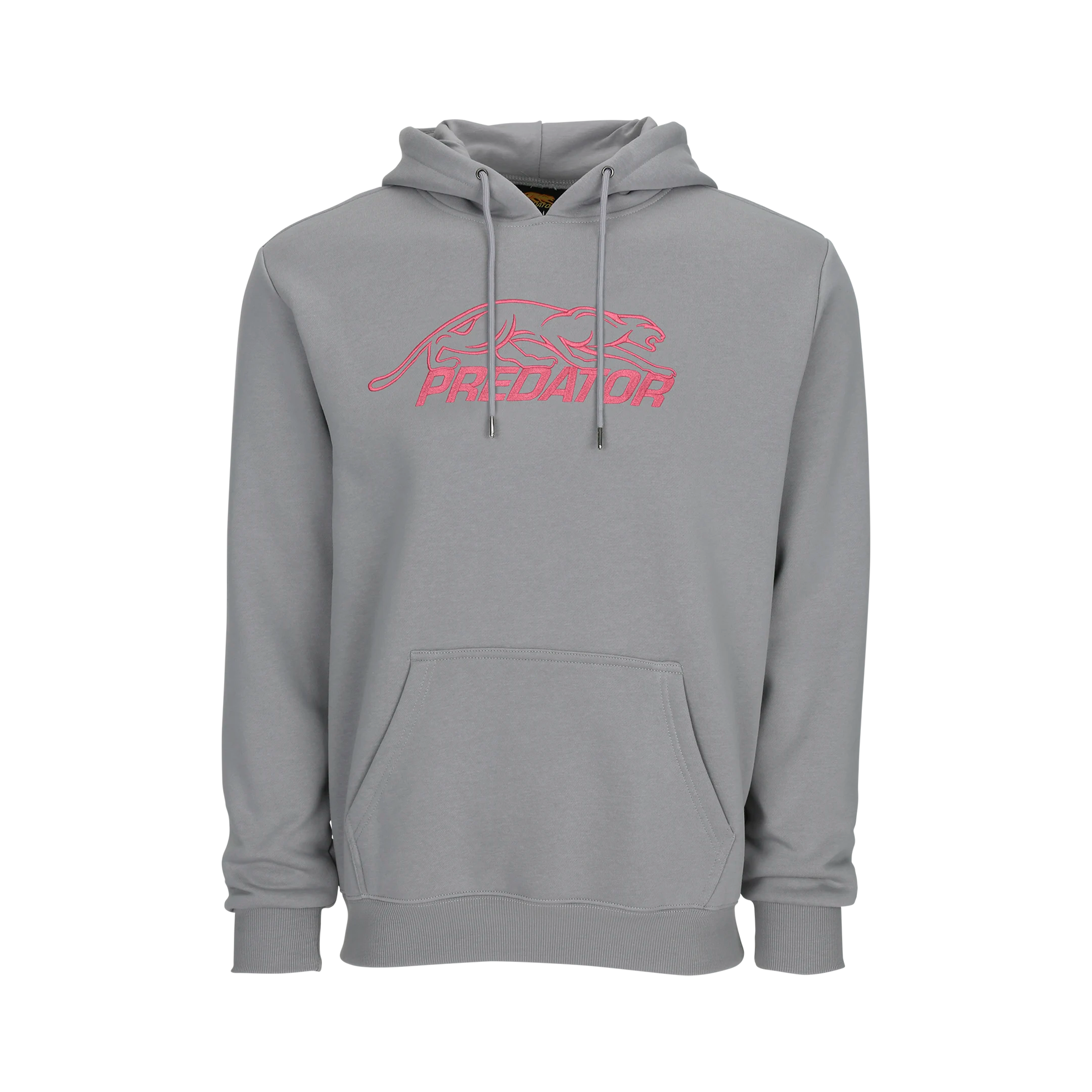 Grey hoodie with pink embroidered Predator logo against a white background.