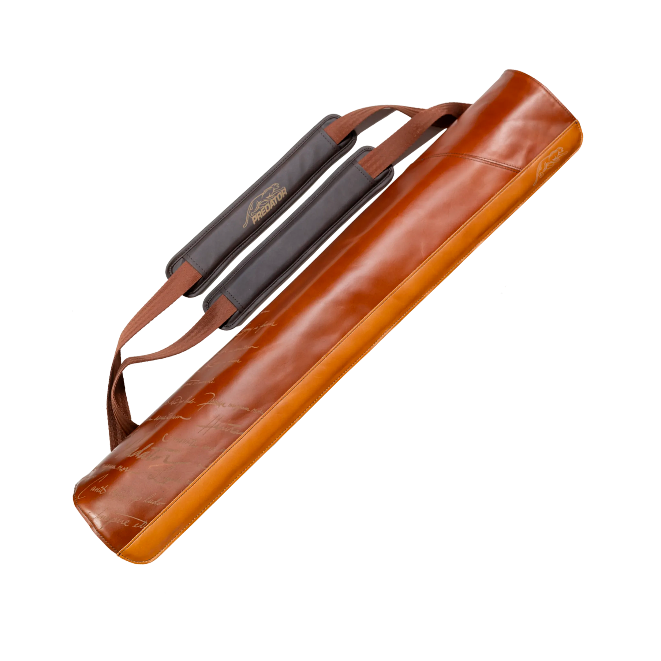 Brown leather pool cue case with black and brown straps on a white background.