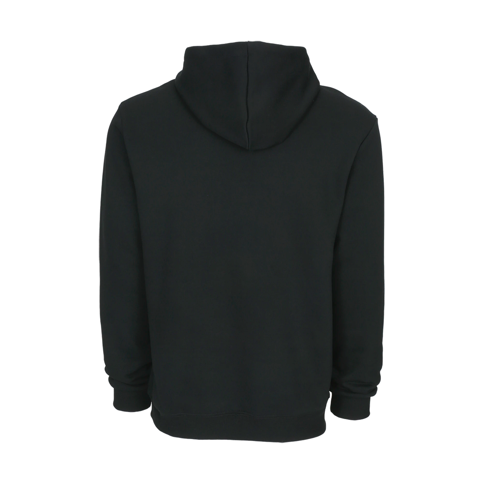 Back view of black hooded sweatshirt against a white background.