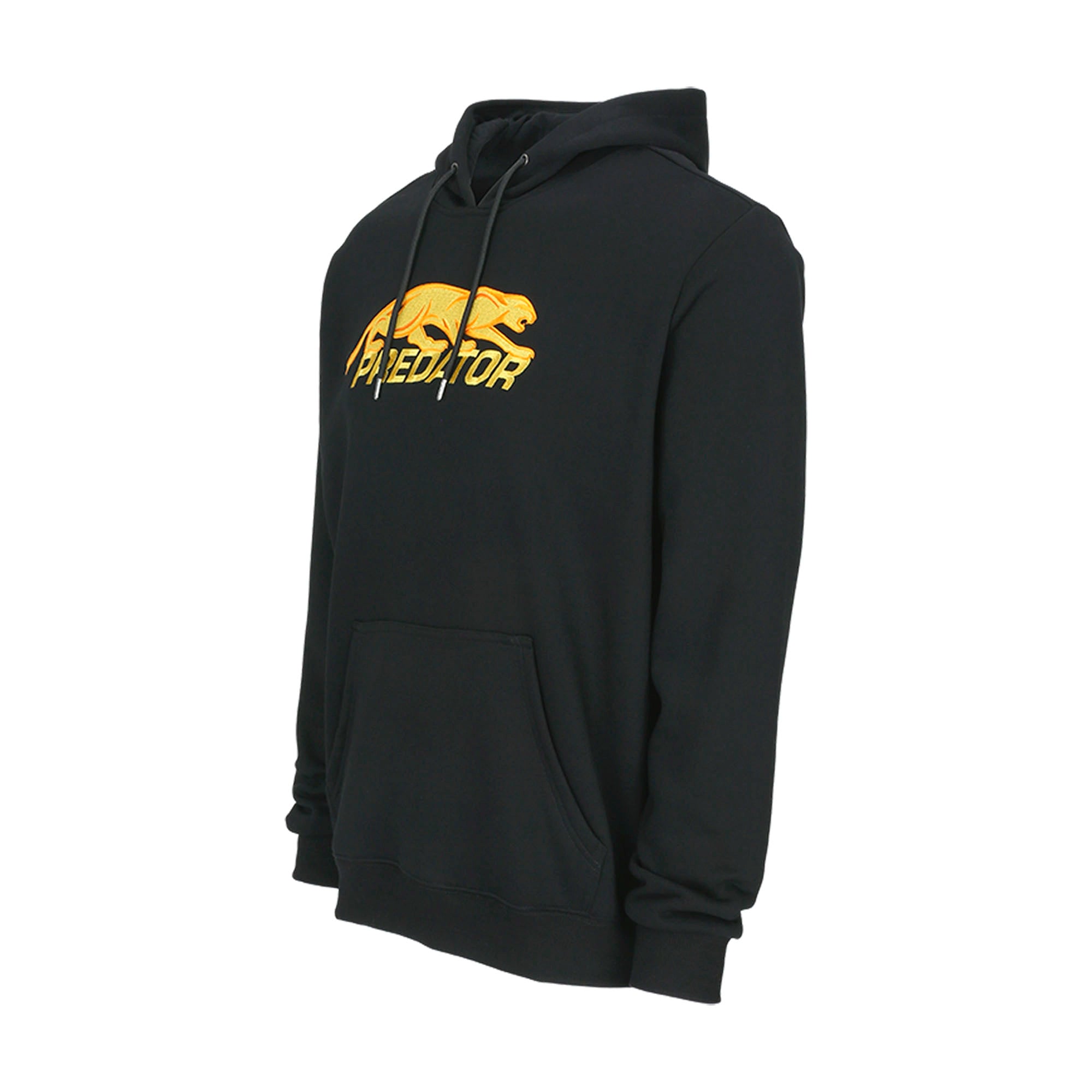 Black hoodie with gold embroidered PREDATOR logo on a white background.