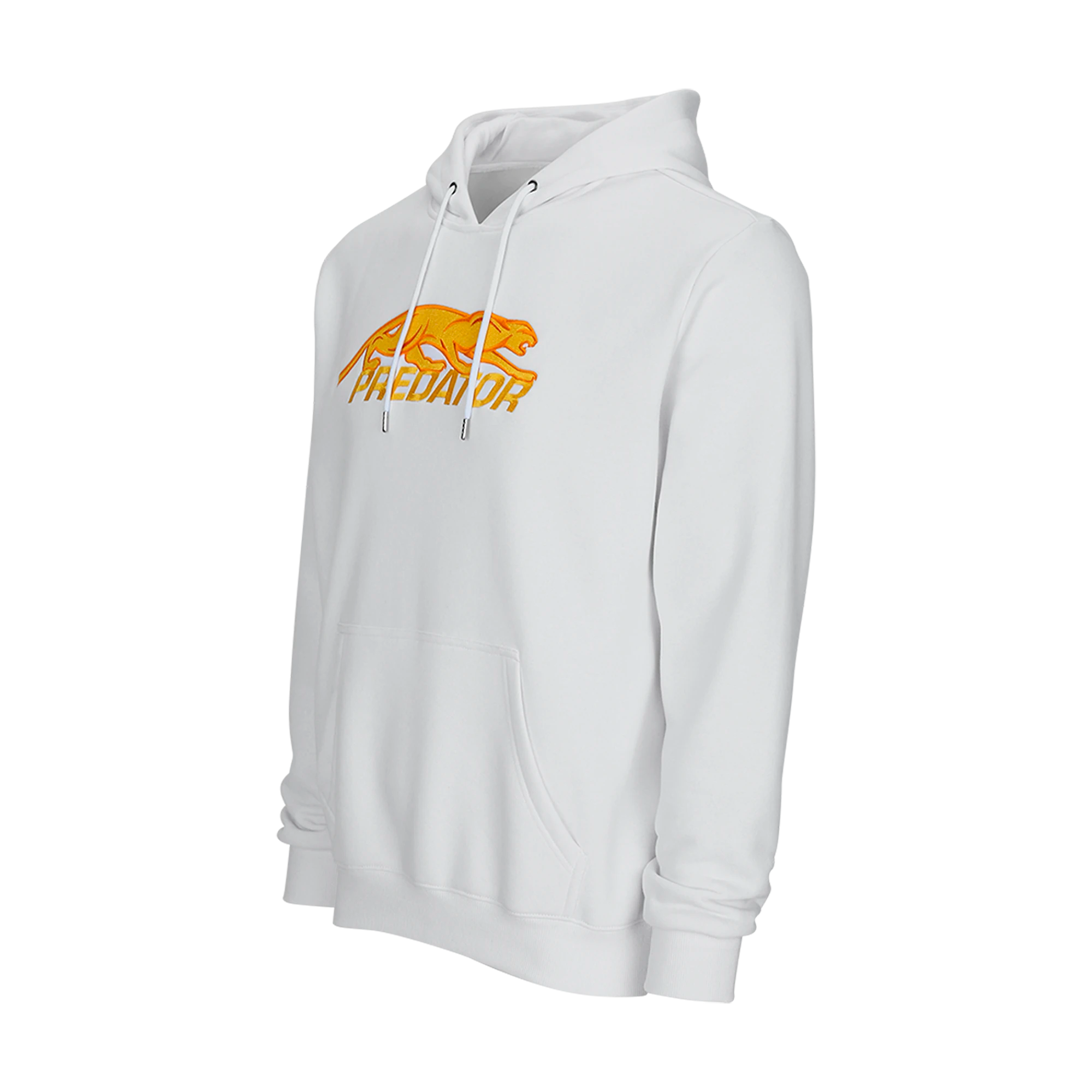 White hoodie with gold embroidered Predator logo against a white background.