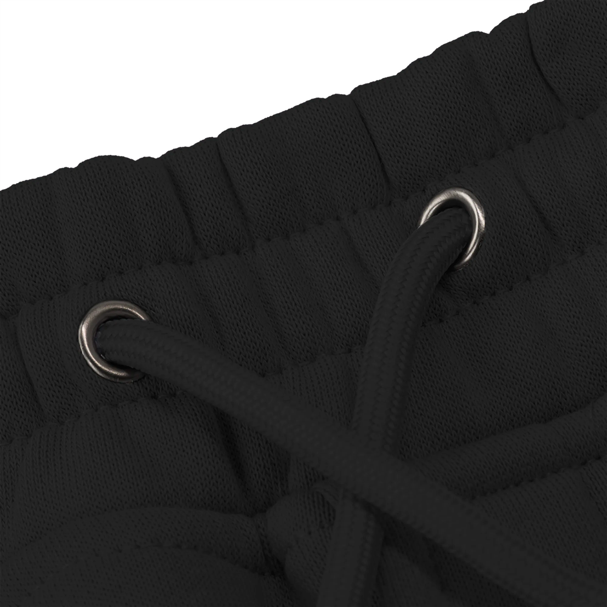 Black drawstrings with metal grommets.