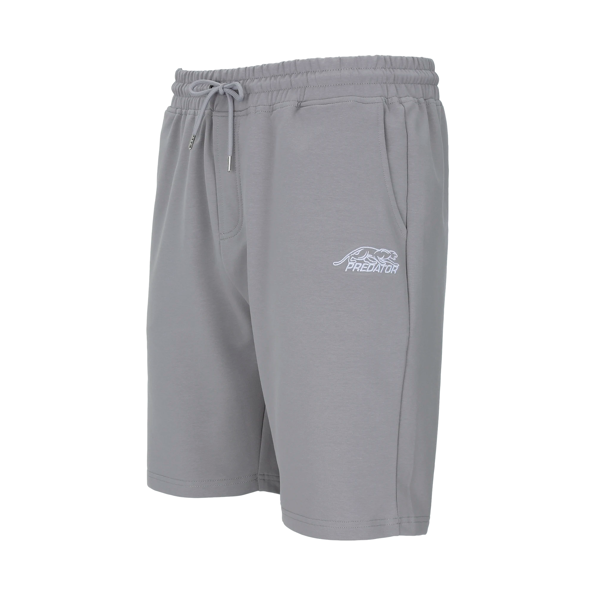 Grey drawstring shorts with white Predator logo against a white background.