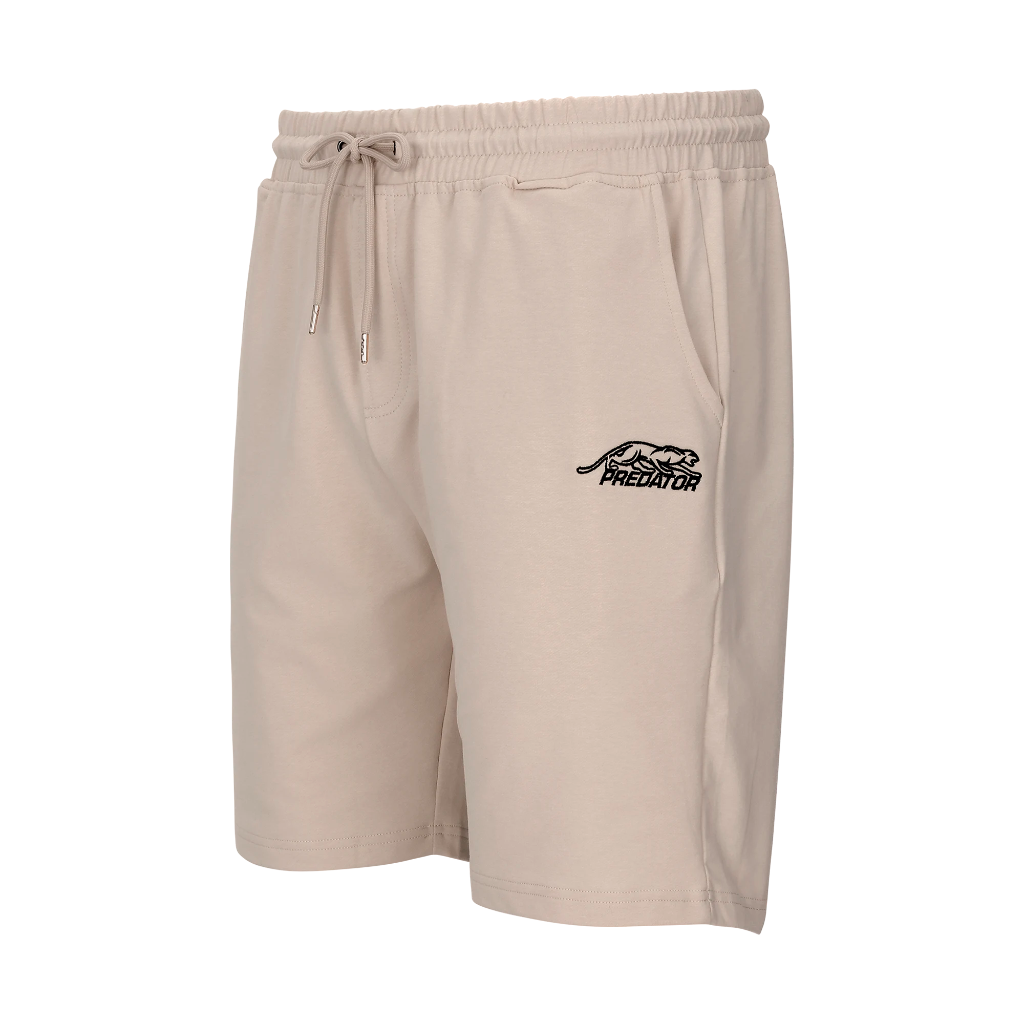 Ivory drawstring shorts with black Predator logo against a white background.