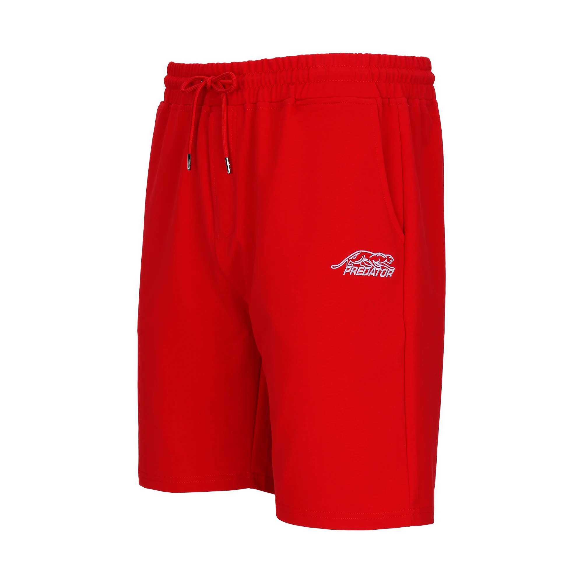 Red drawstring shorts with white Predator logo against a white background.