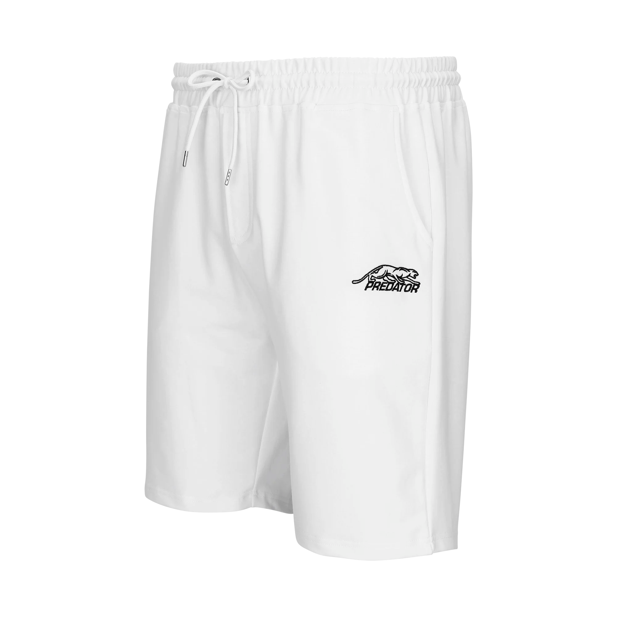 White drawstring shorts with black Predator logo against a white background.