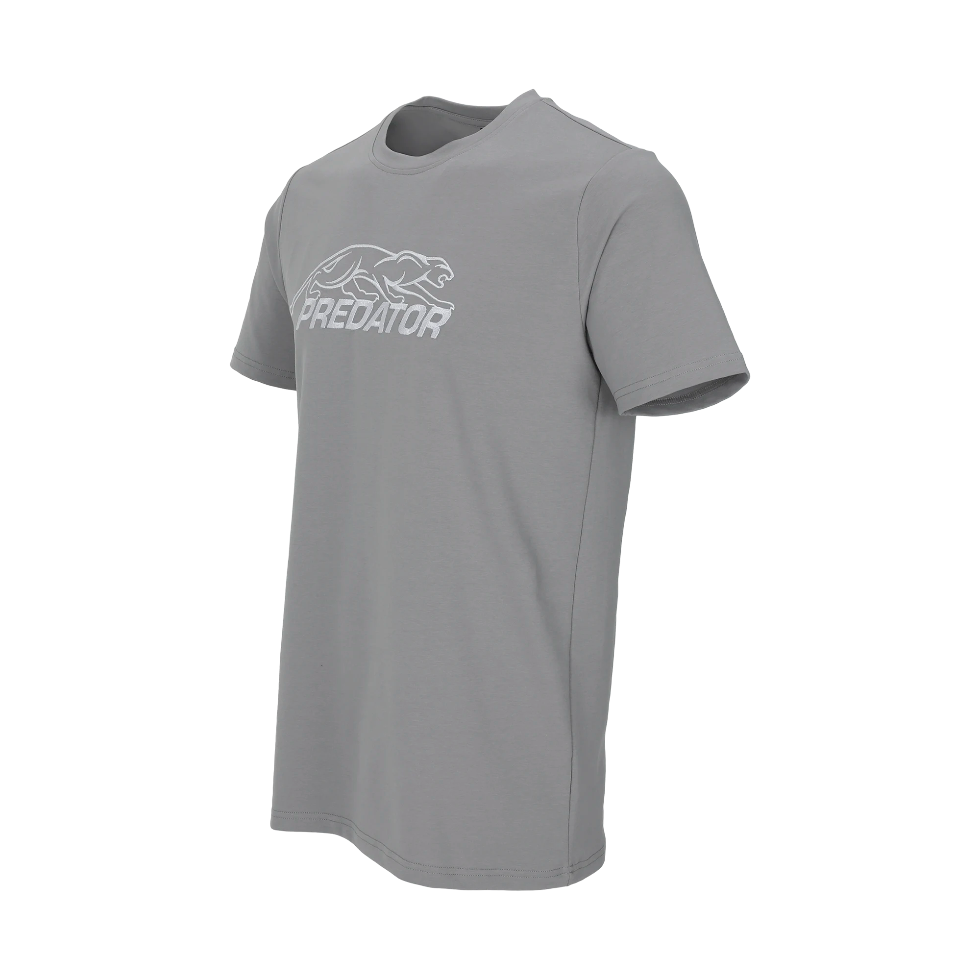 Grey t-shirt with white Predator logo against a white background.