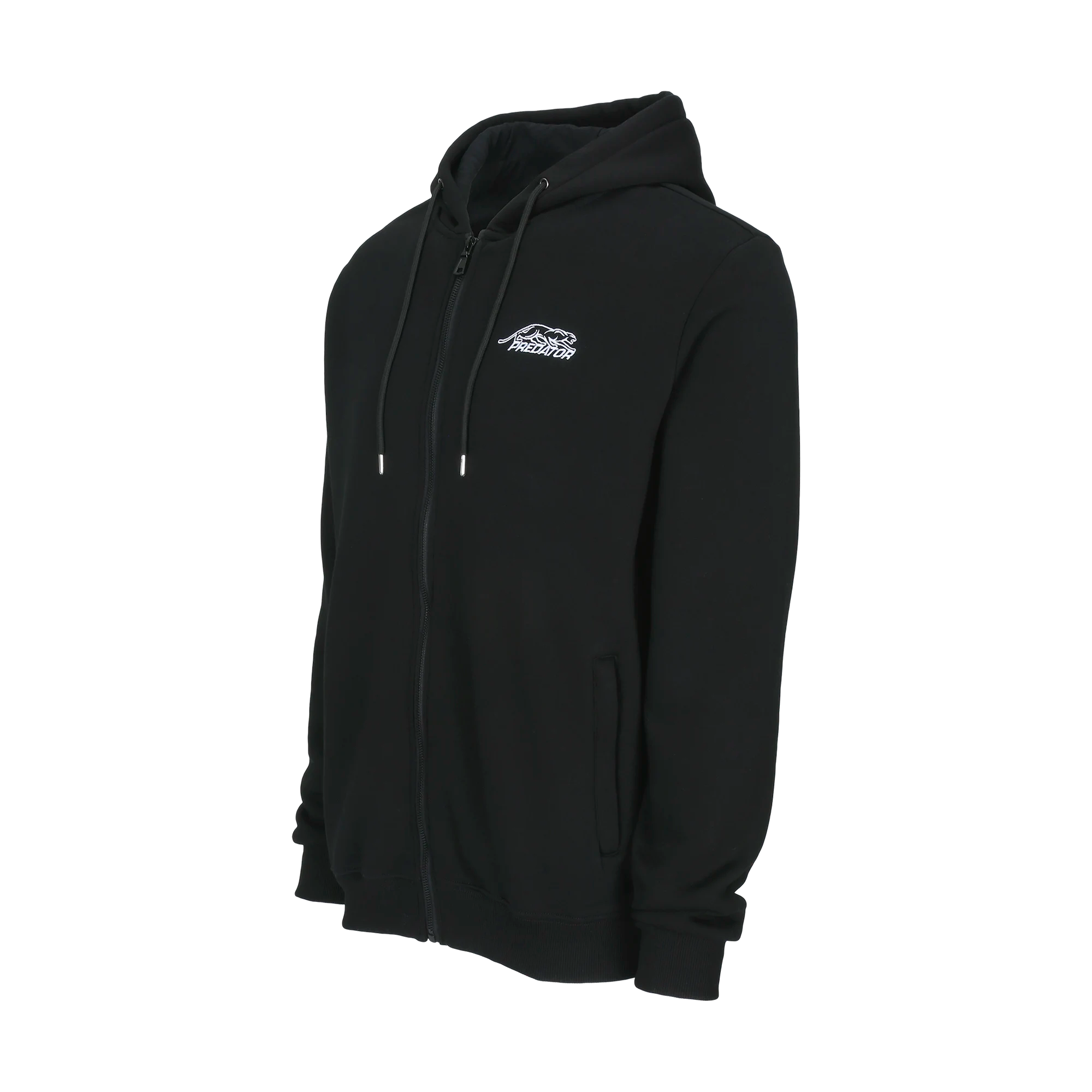 Black zip-up hoodie with white Predator logo on white background.