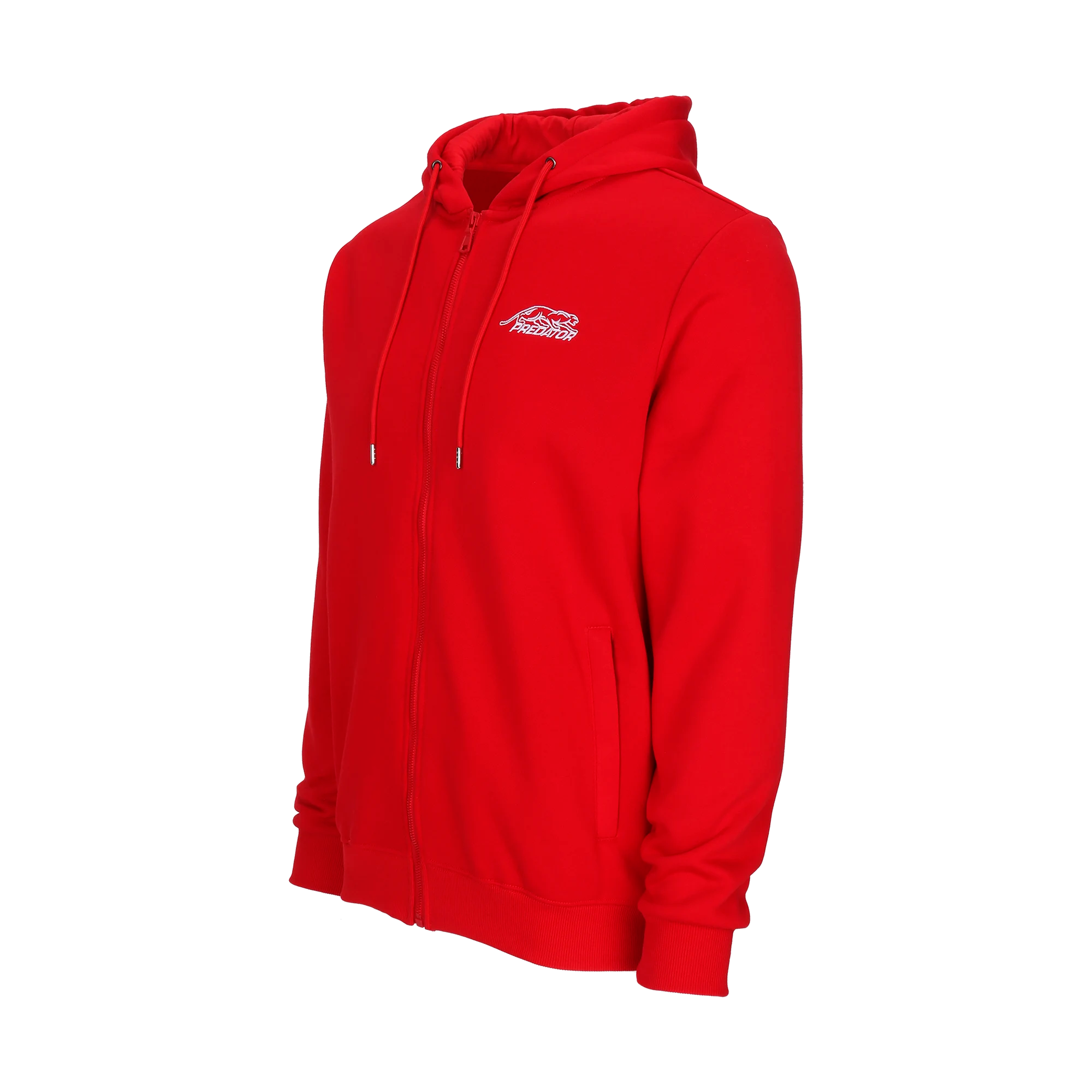 Red zip-up hoodie with white Predator logo on white background.