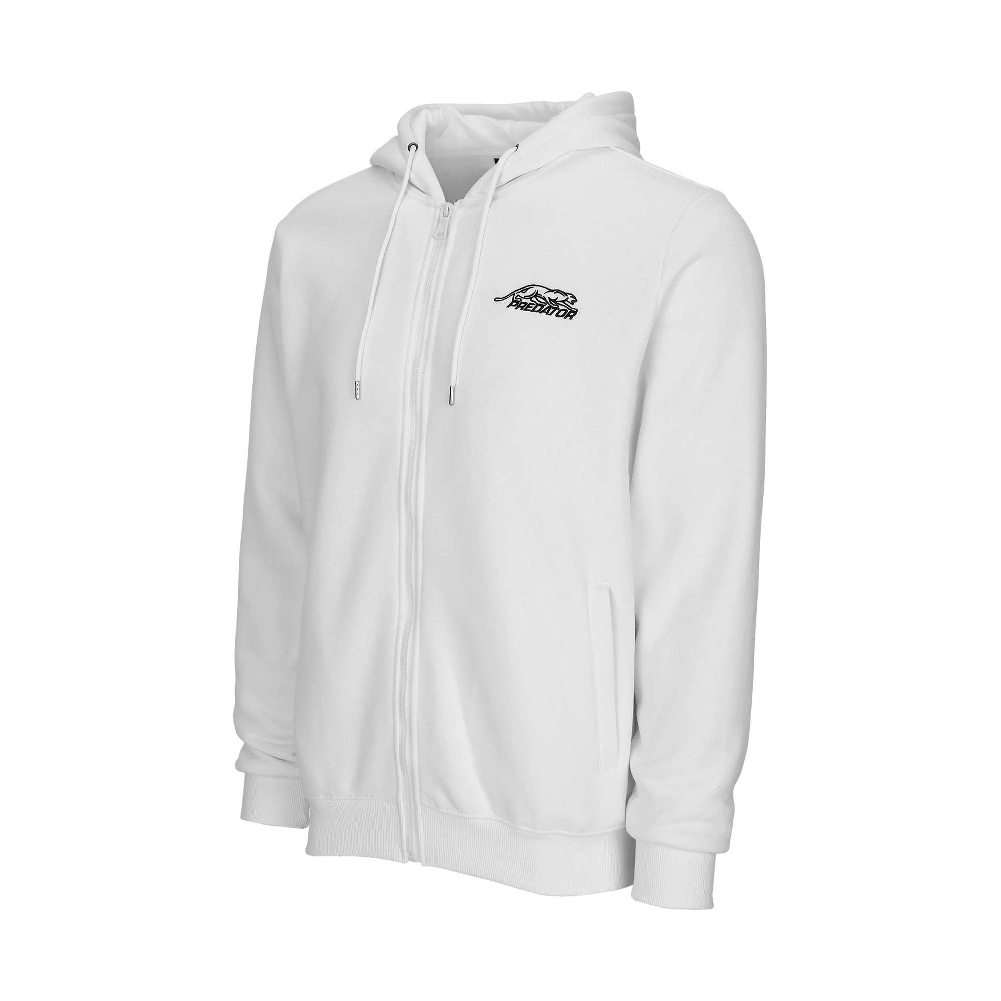 White zip-up hoodie with black Predator logo on white background.