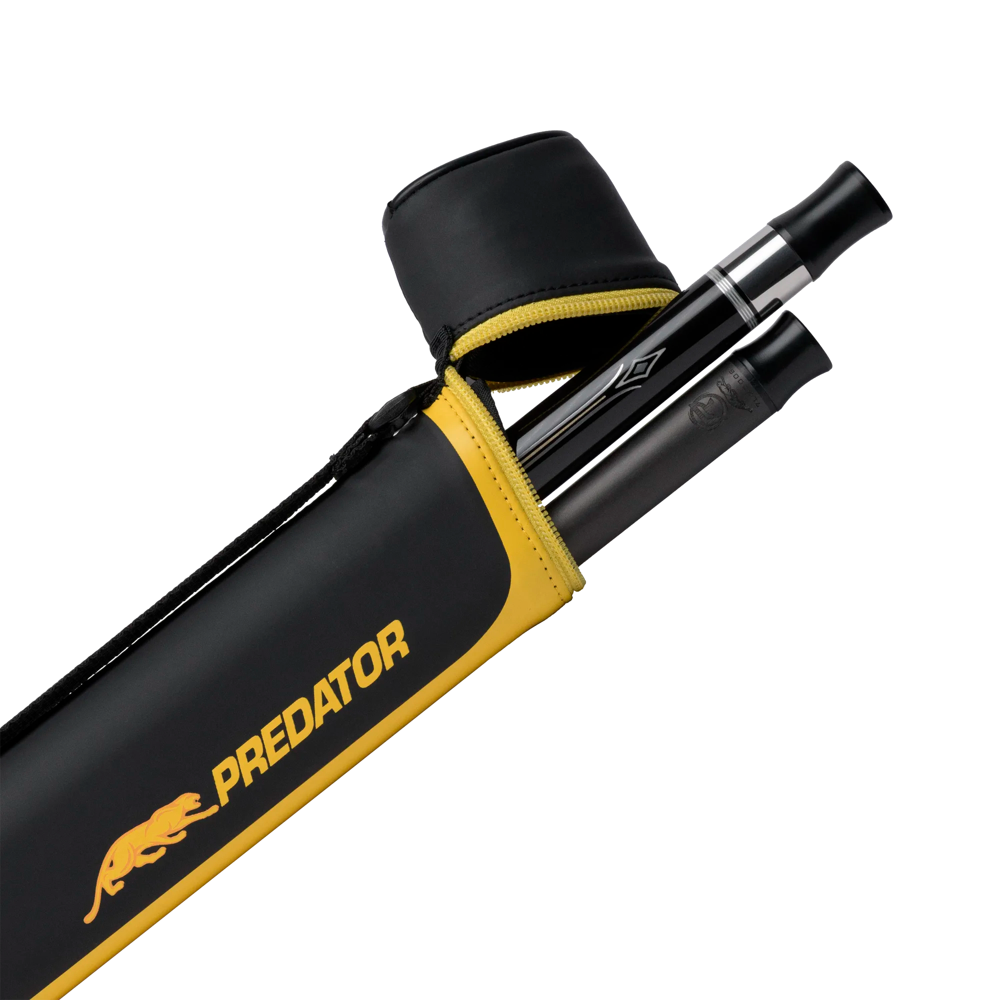 Black and yellow Predator-branded pool cue case set