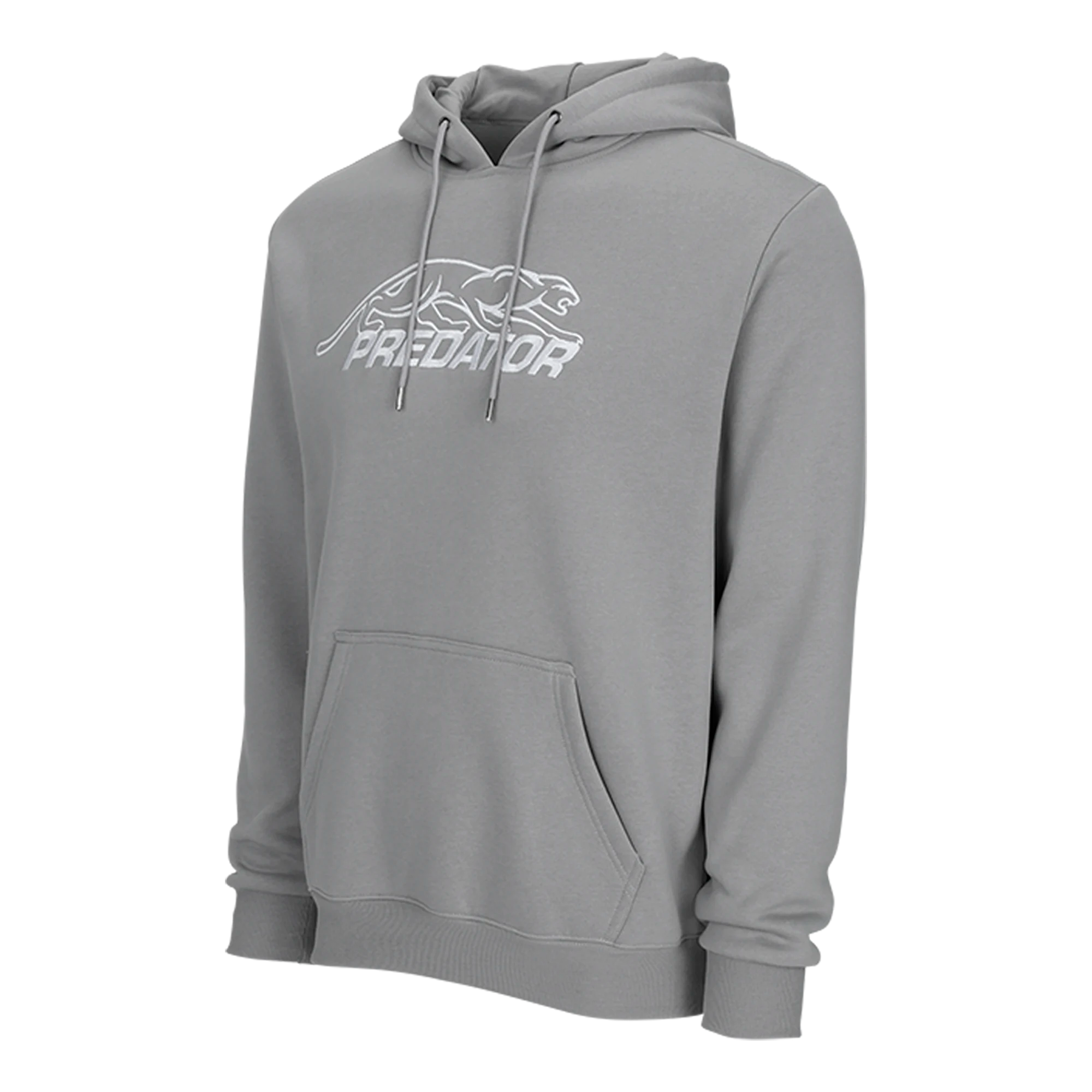 Grey hoodie with white Predator logo against a white background.