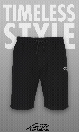 Rotating image of black drawstring shorts with white PREDATOR logo featuring TIMELESS STYLE text.