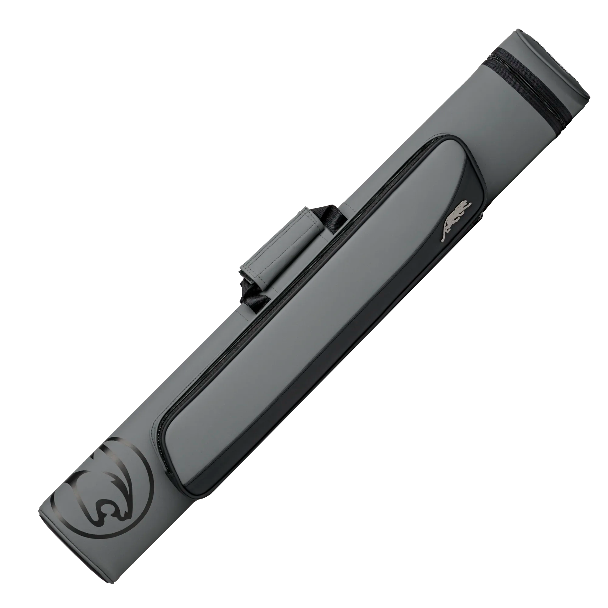 Gray pool cue case with black accents and a black cat head logo