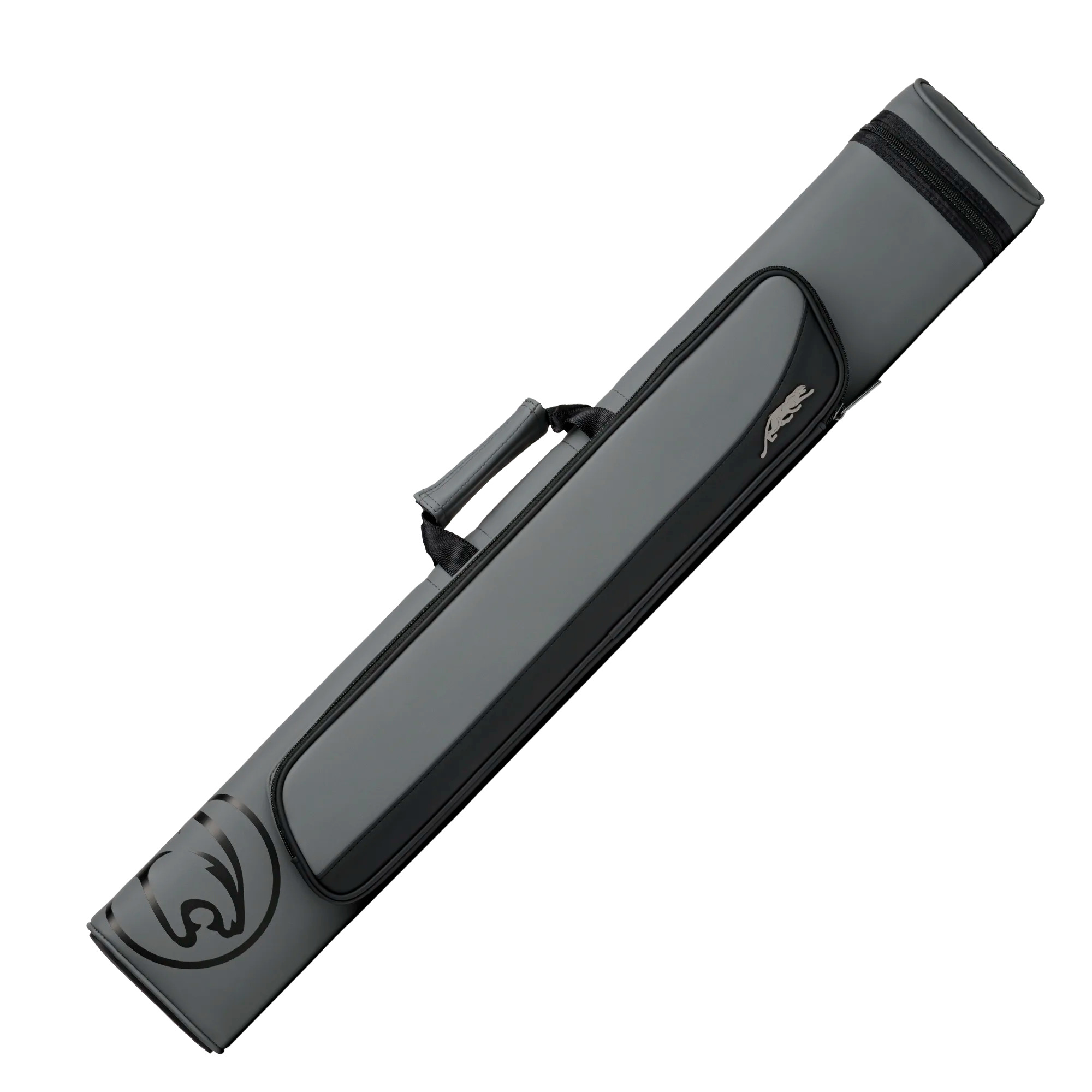 Grey pool cue case with black accents and black cat head logo