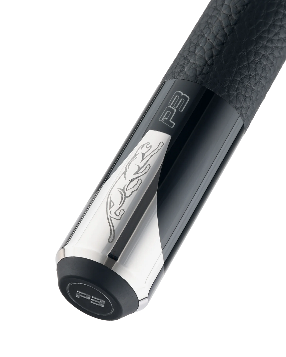 Predator P3 Black Leather Luxe Wrap Pool Cue Butt Radial Pin with Brand Mark Rotated