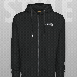 Rotating image of black zip-up hoodie with white PREDATOR logo featuring PREDATOR logo and TIMELESS STYLE text.